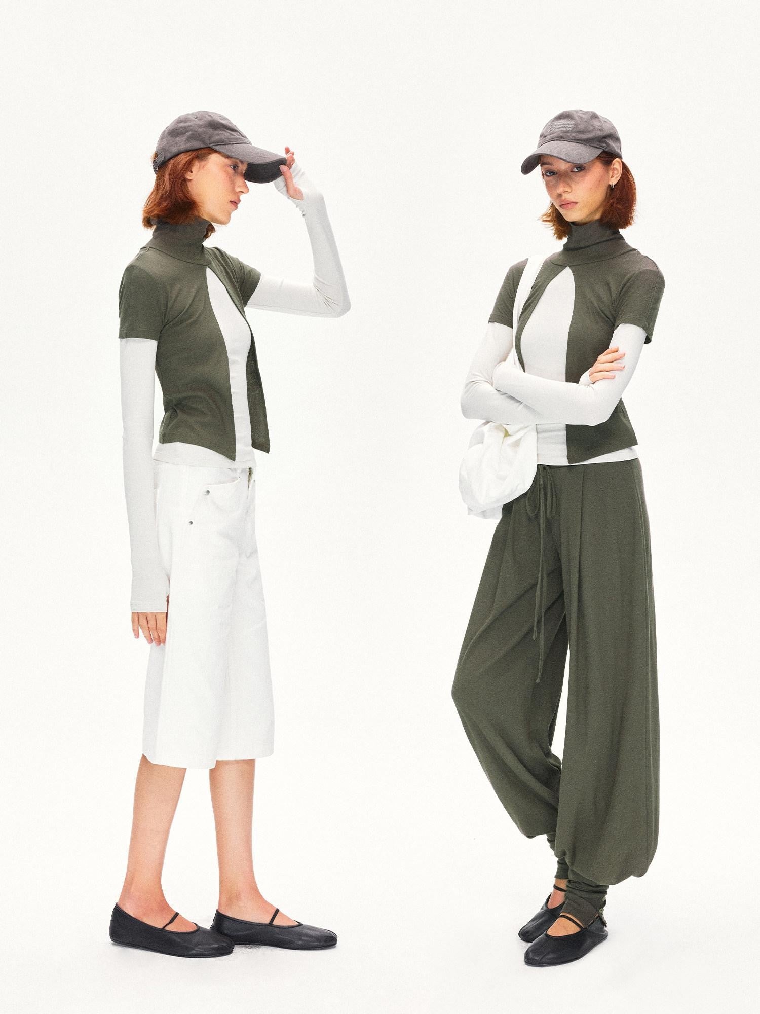 kvkv Oak Green Spliced Sleeve Mock Neck Women&