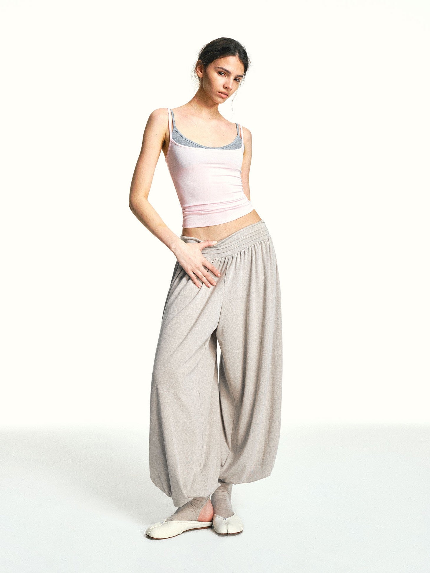 kvkv Oatmeal Slub Detachable Pleated Wide Waist Women&