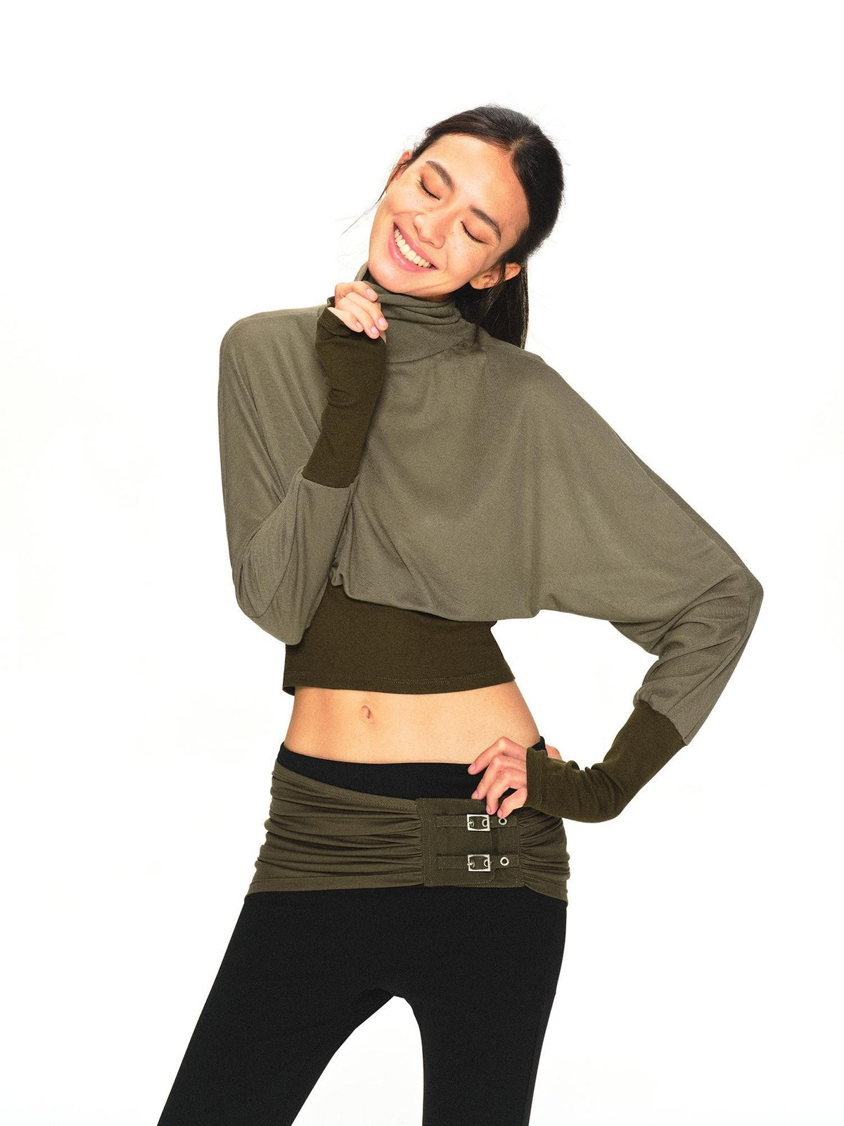 kvkv Olive Green Color Block Cinched Waist Batwing Sleeve Women&