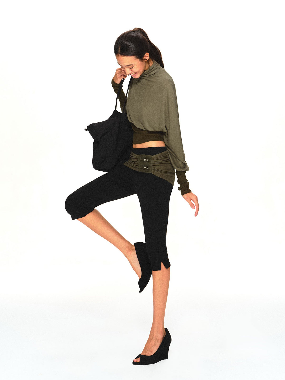 kvkv Olive Green Color Block Cinched Waist Batwing Sleeve Women&