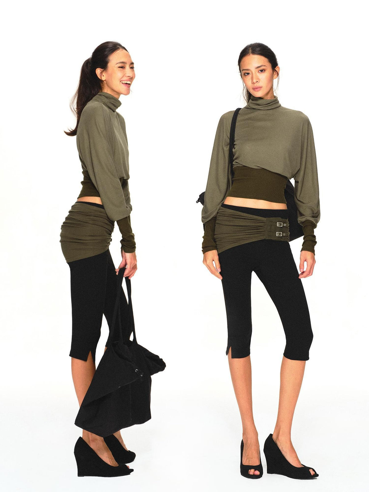 kvkv Olive Green Color Block Cinched Waist Batwing Sleeve Women&