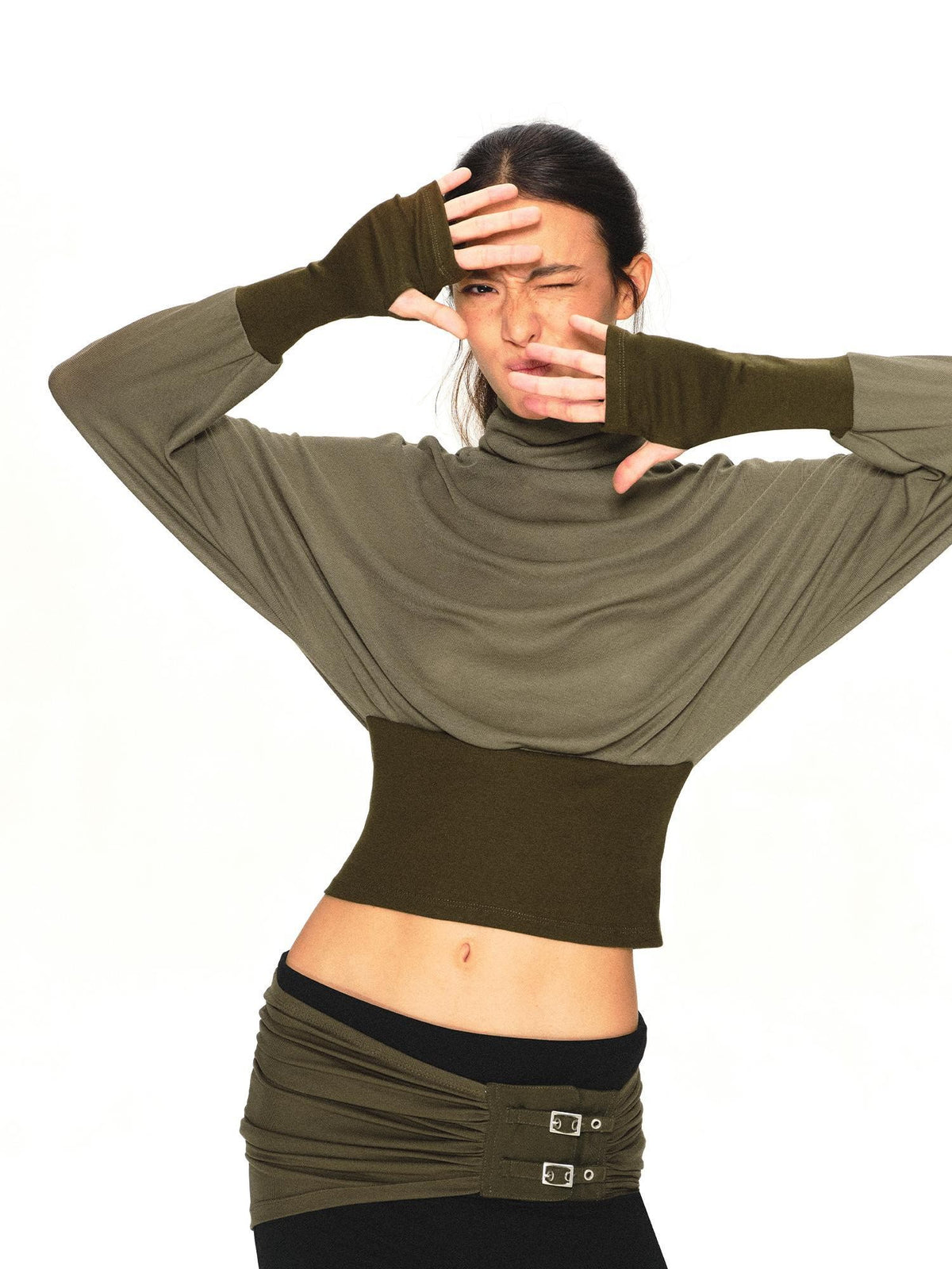 kvkv Olive Green Color Block Cinched Waist Batwing Sleeve Women&