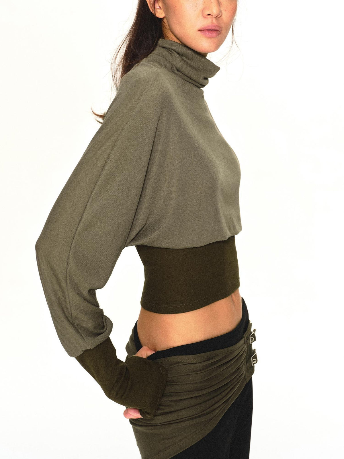 kvkv Olive Green Color Block Cinched Waist Batwing Sleeve Women&