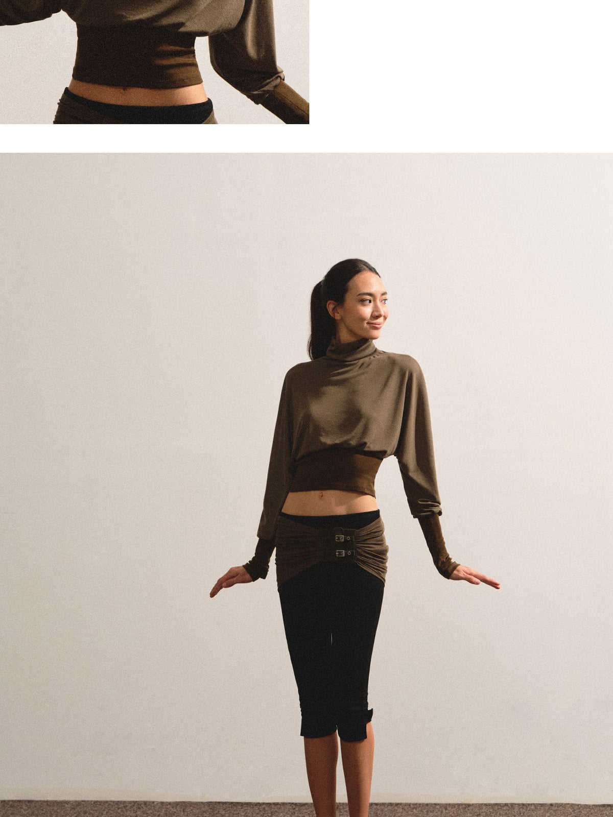 kvkv Olive Green Color Block Cinched Waist Batwing Sleeve Women&