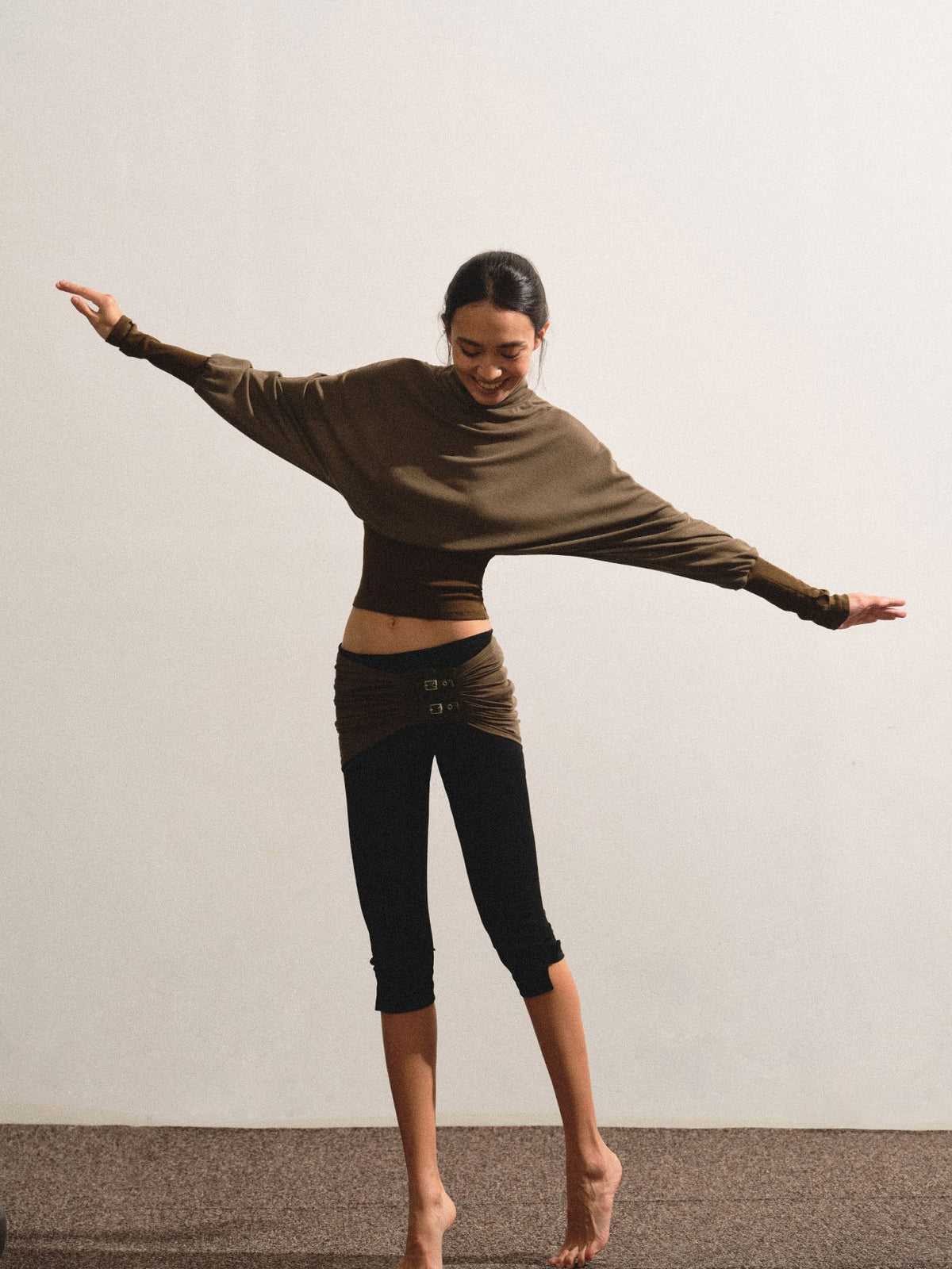 kvkv Olive Green Color Block Cinched Waist Batwing Sleeve Women&
