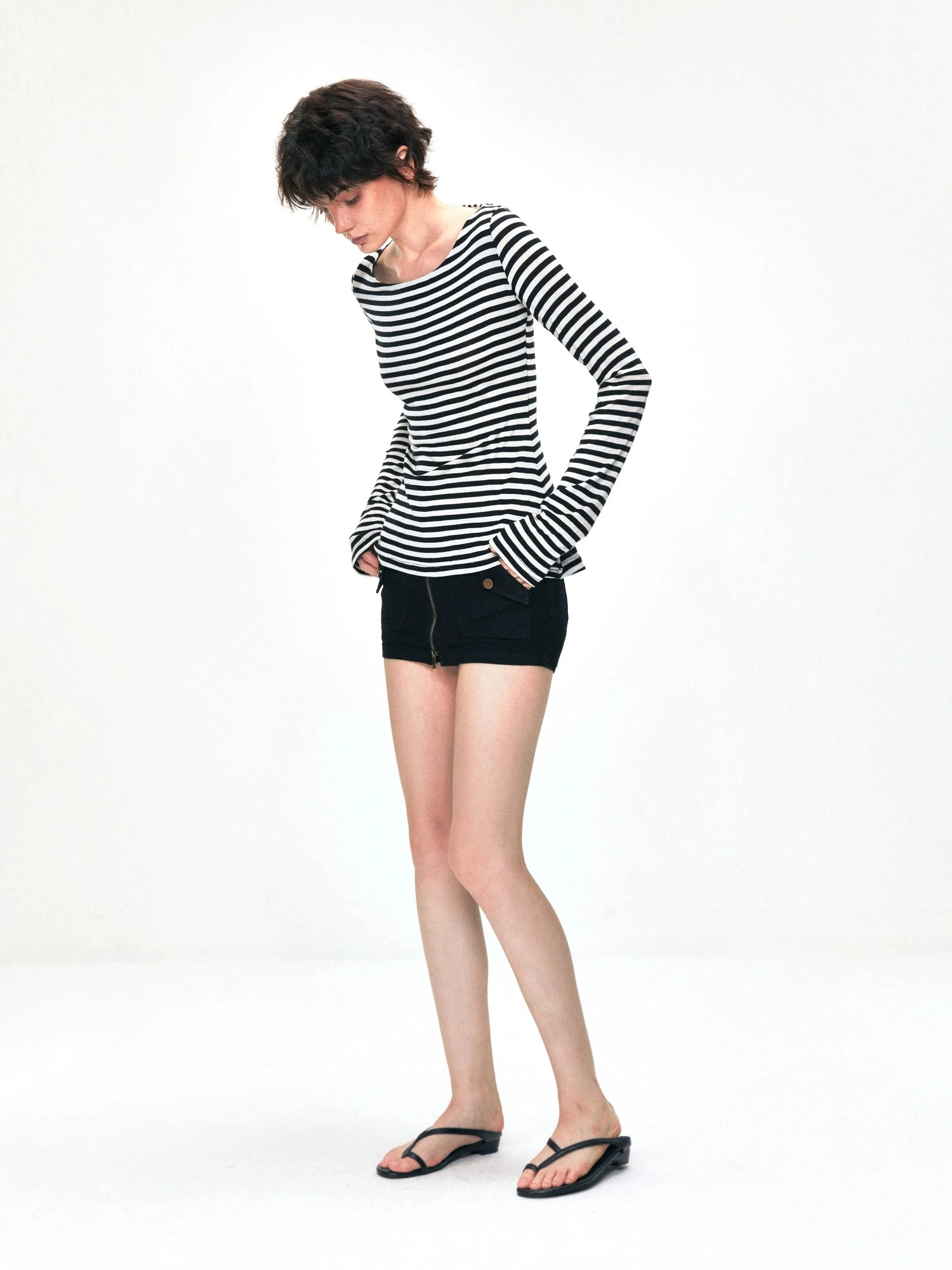 kvkv One Shoulder Back Tie Striped Slim Fit Long Sleeve Top