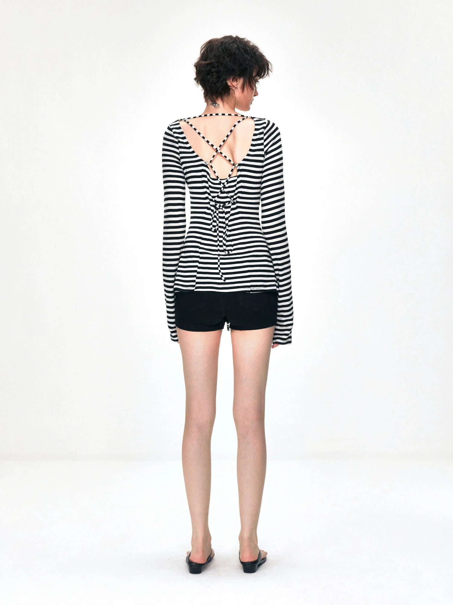 kvkv One Shoulder Back Tie Striped Slim Fit Long Sleeve Top