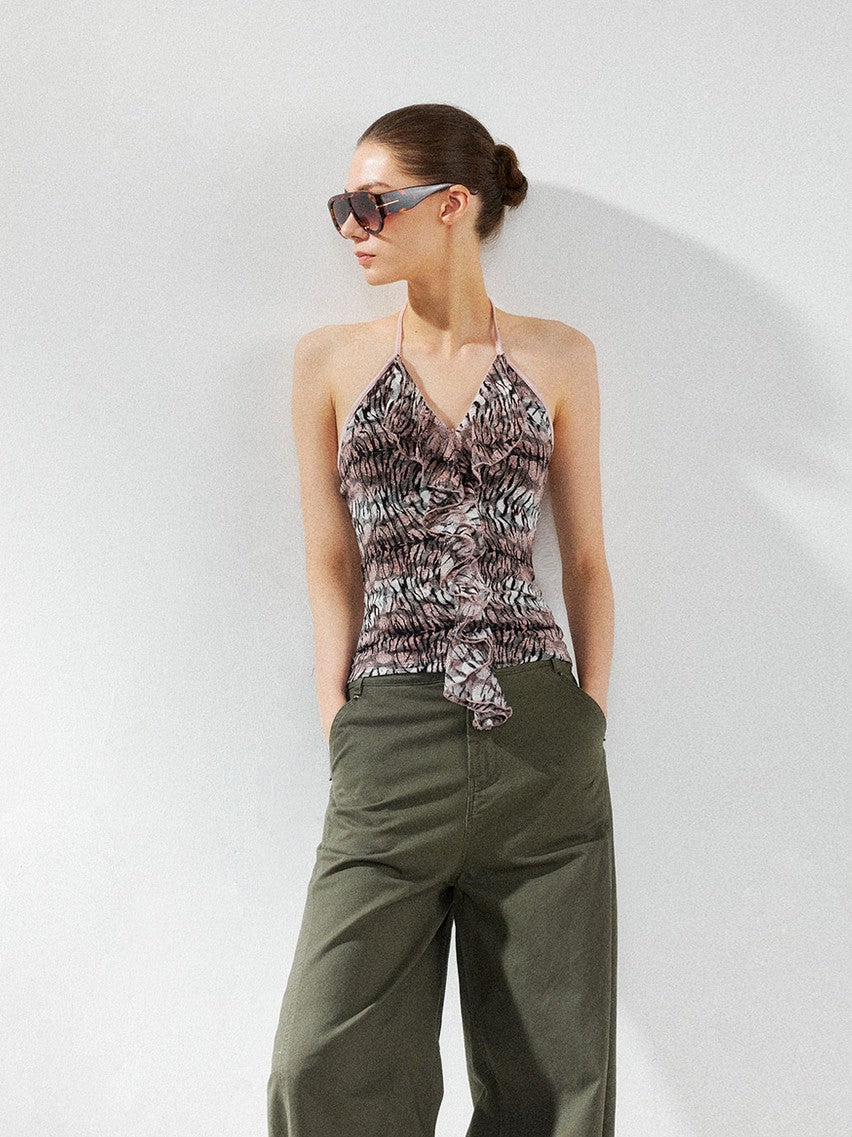 kvkv Pink Leopard Print V-neck Ruffle Slim Fit Women&