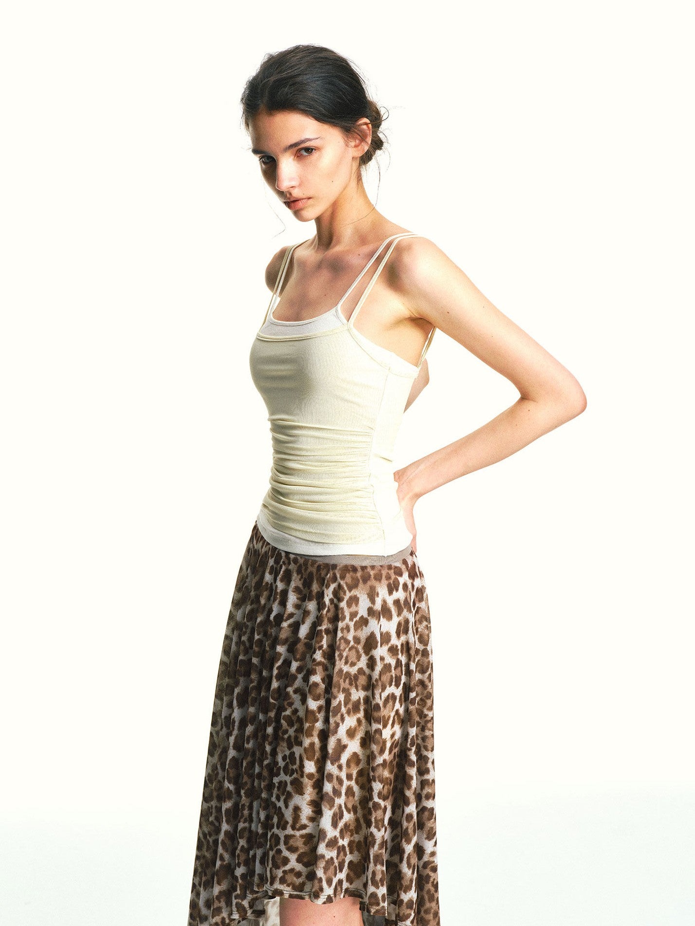 kvkv Pleated Mesh Spliced Faux Two Piece Adjustable Women&