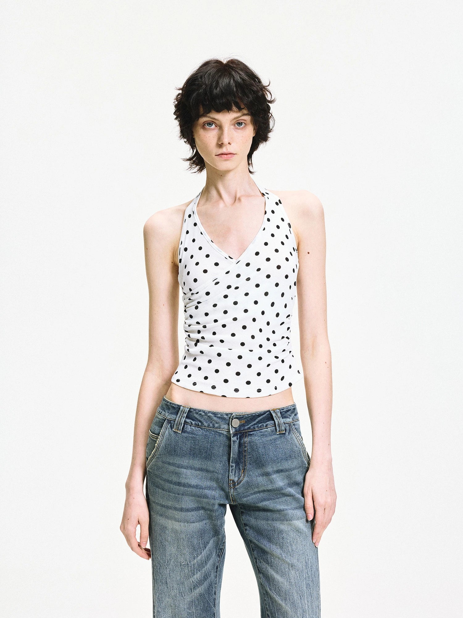 kvkv Polka Dot Halter Neck Crossover Back Cami Top