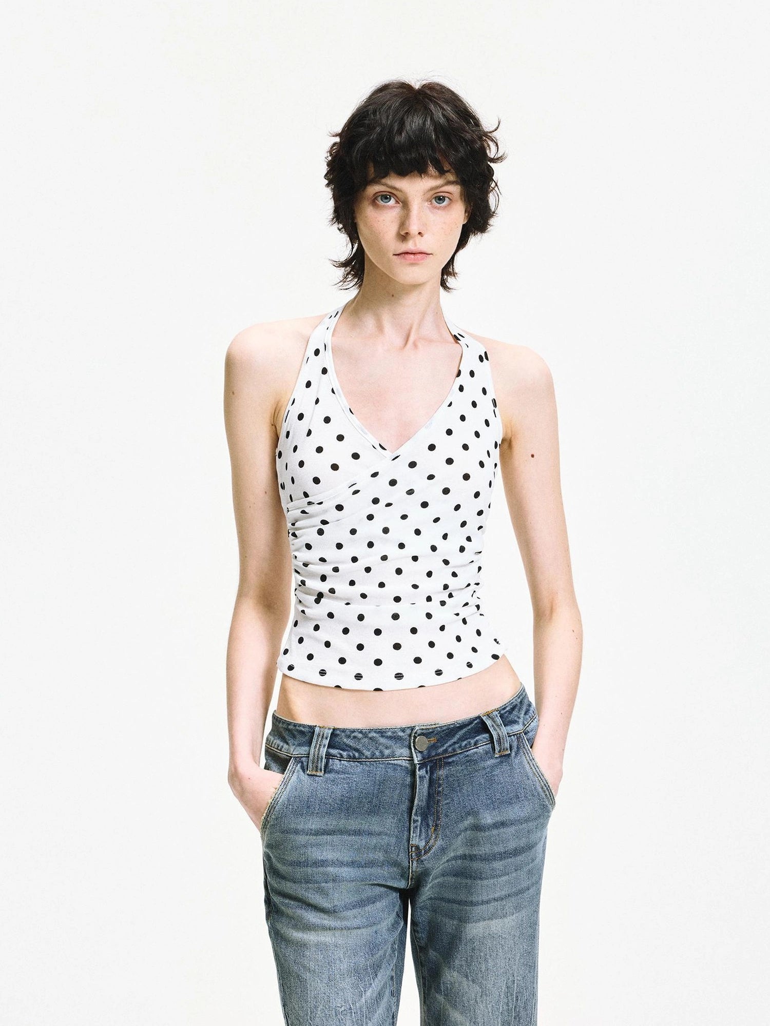 kvkv Polka Dot Halter Neck Crossover Back Cami Top