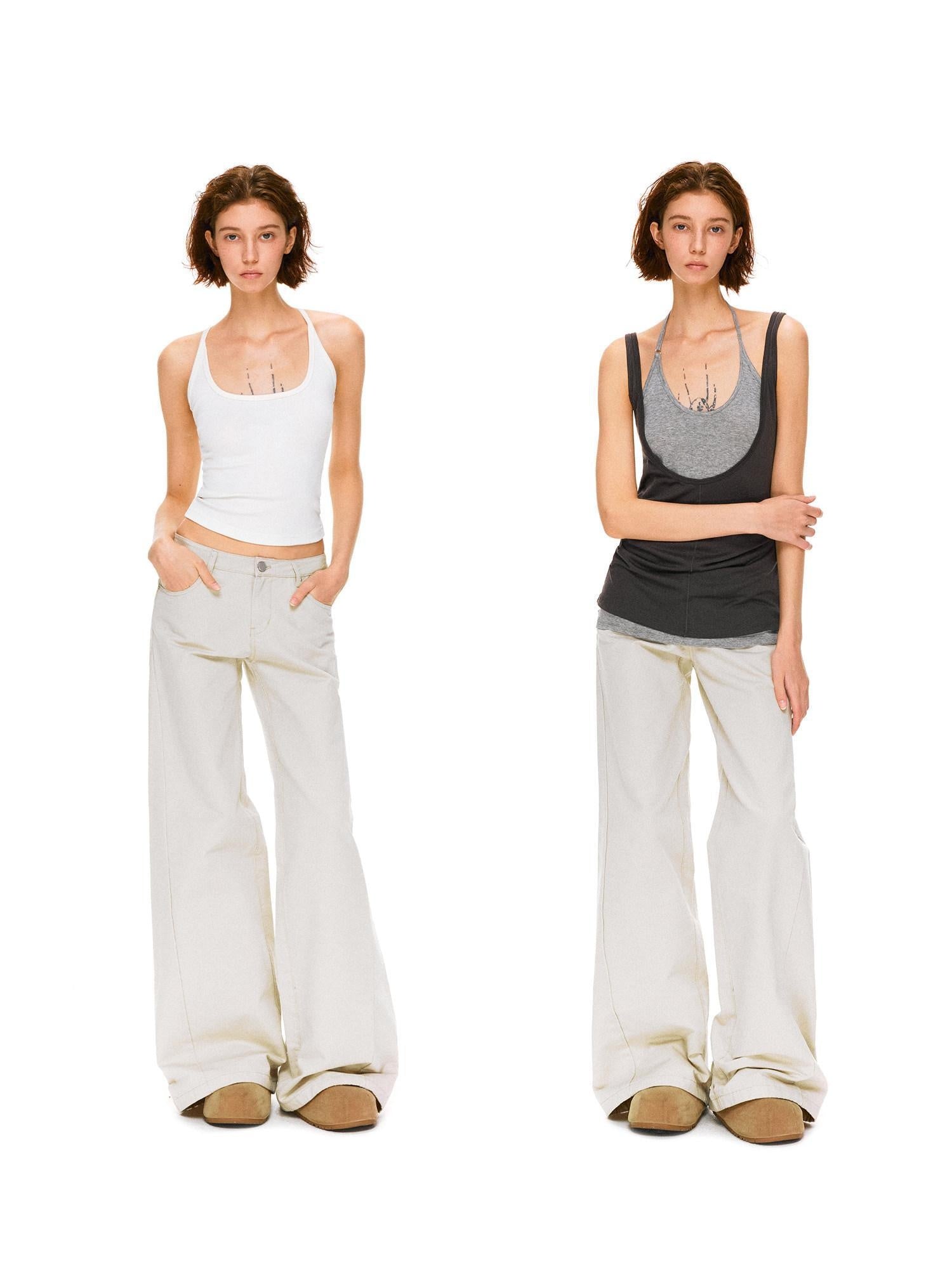 kvkv Pure Cotton Vintage Loose Micro Flare Natural Waist Women Apricot Pants