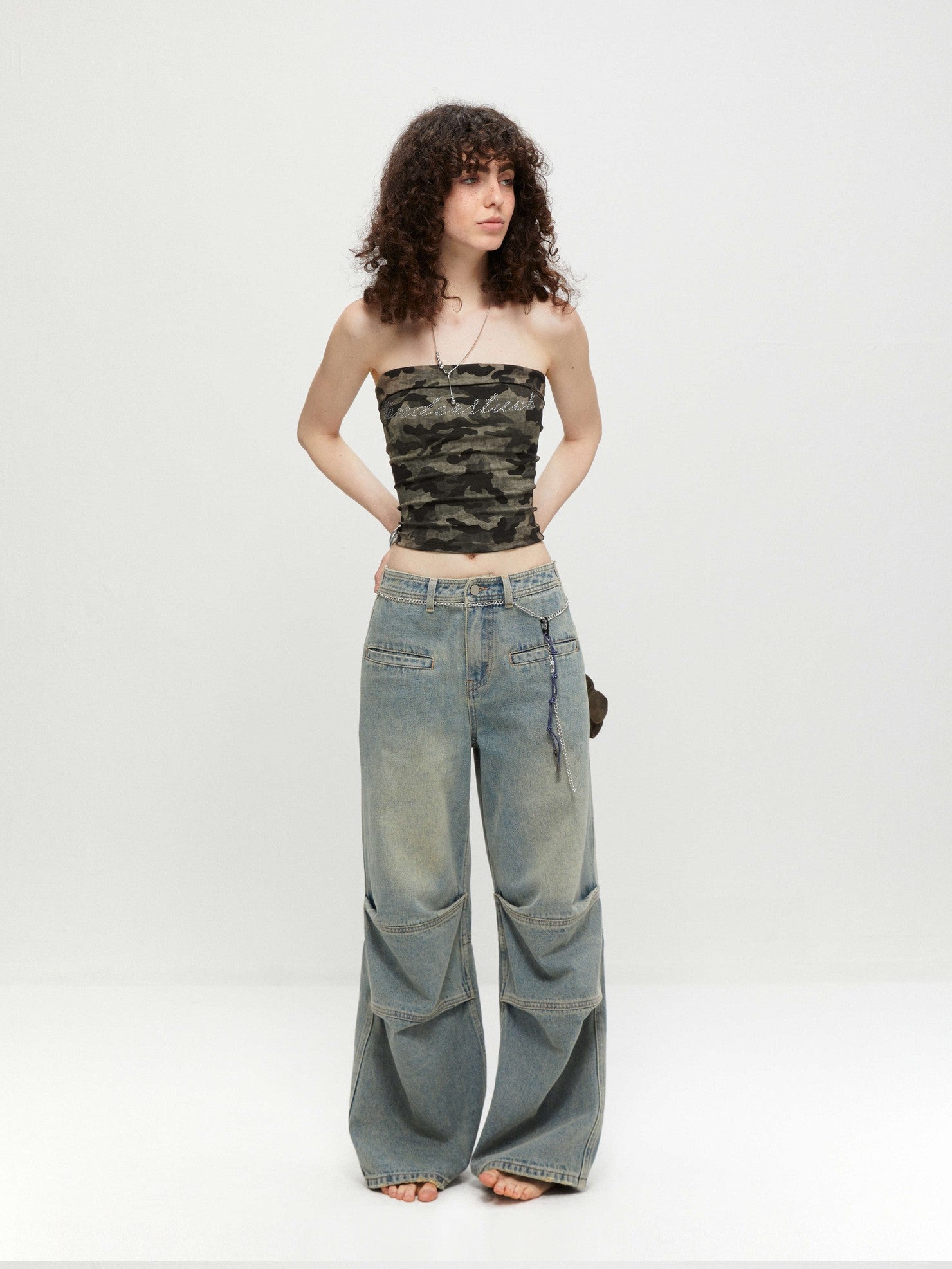 kvkv Rhinestone Camouflage Stretch Backless Crop Women&