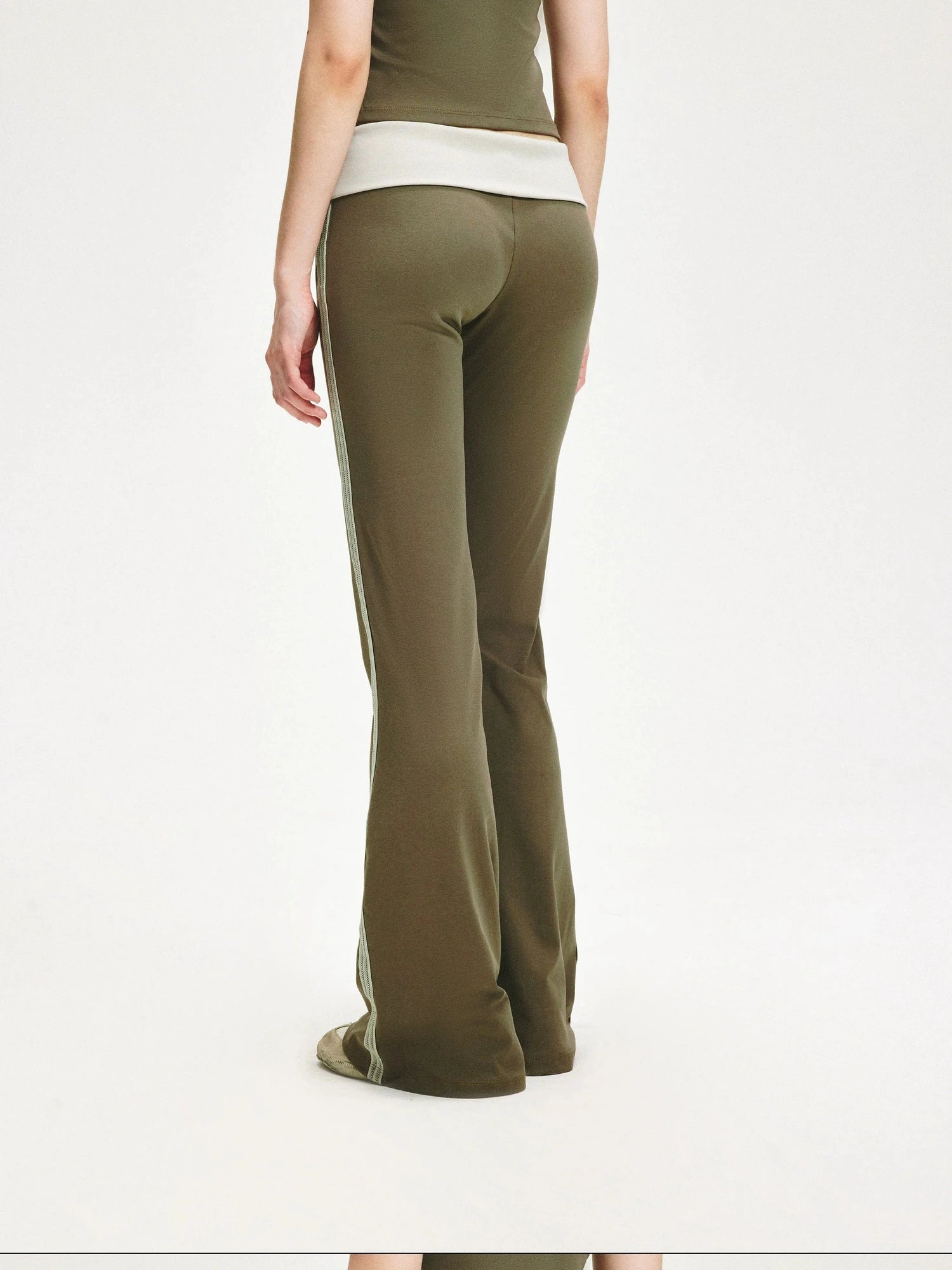 KVKV Yoga Clothing Brand - Smoky Green Mesh Trim Flared Yoga Pants