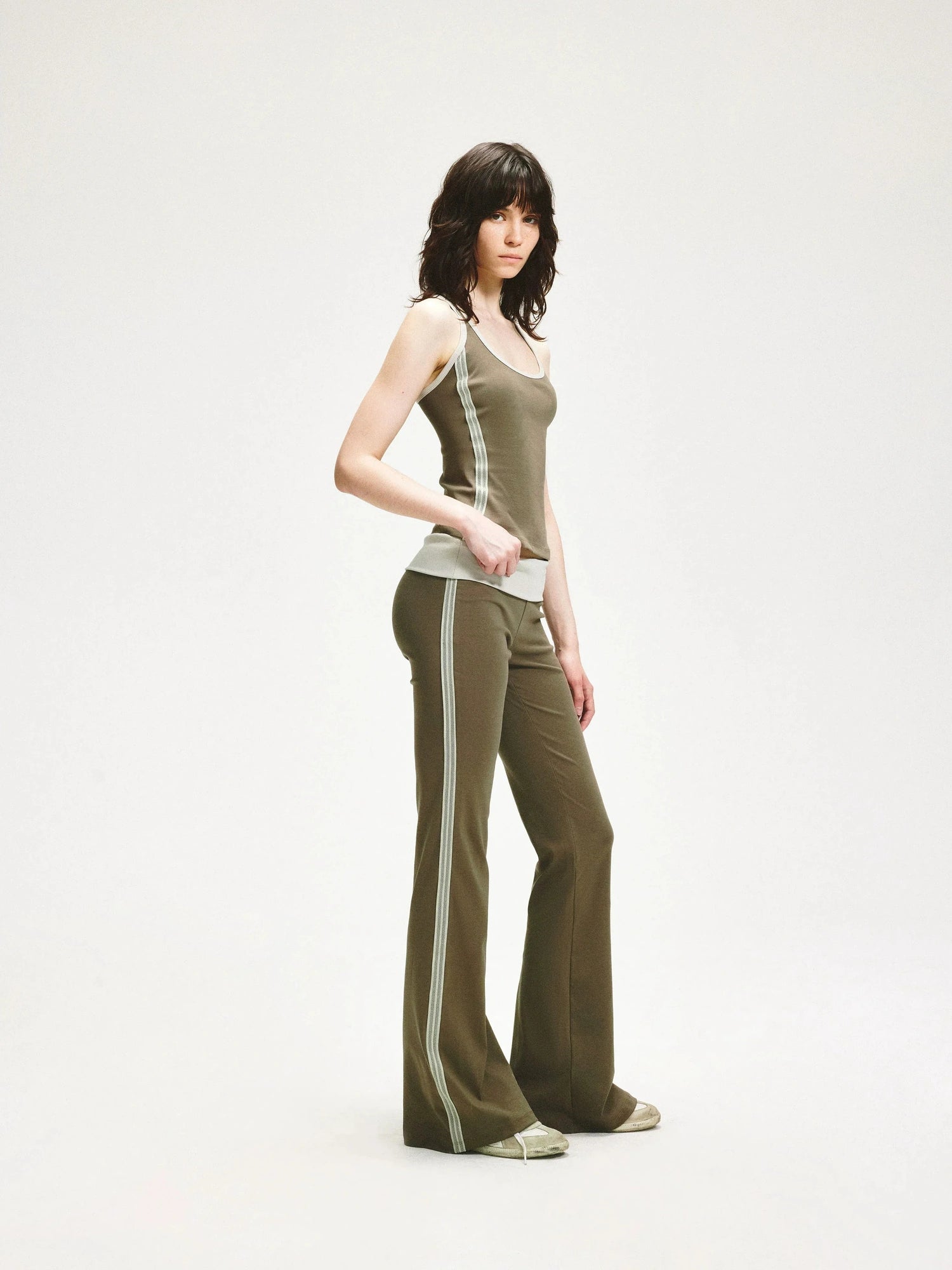 KVKV Yoga Clothing Brand - Smoky Green Mesh Trim Flared Yoga Pants