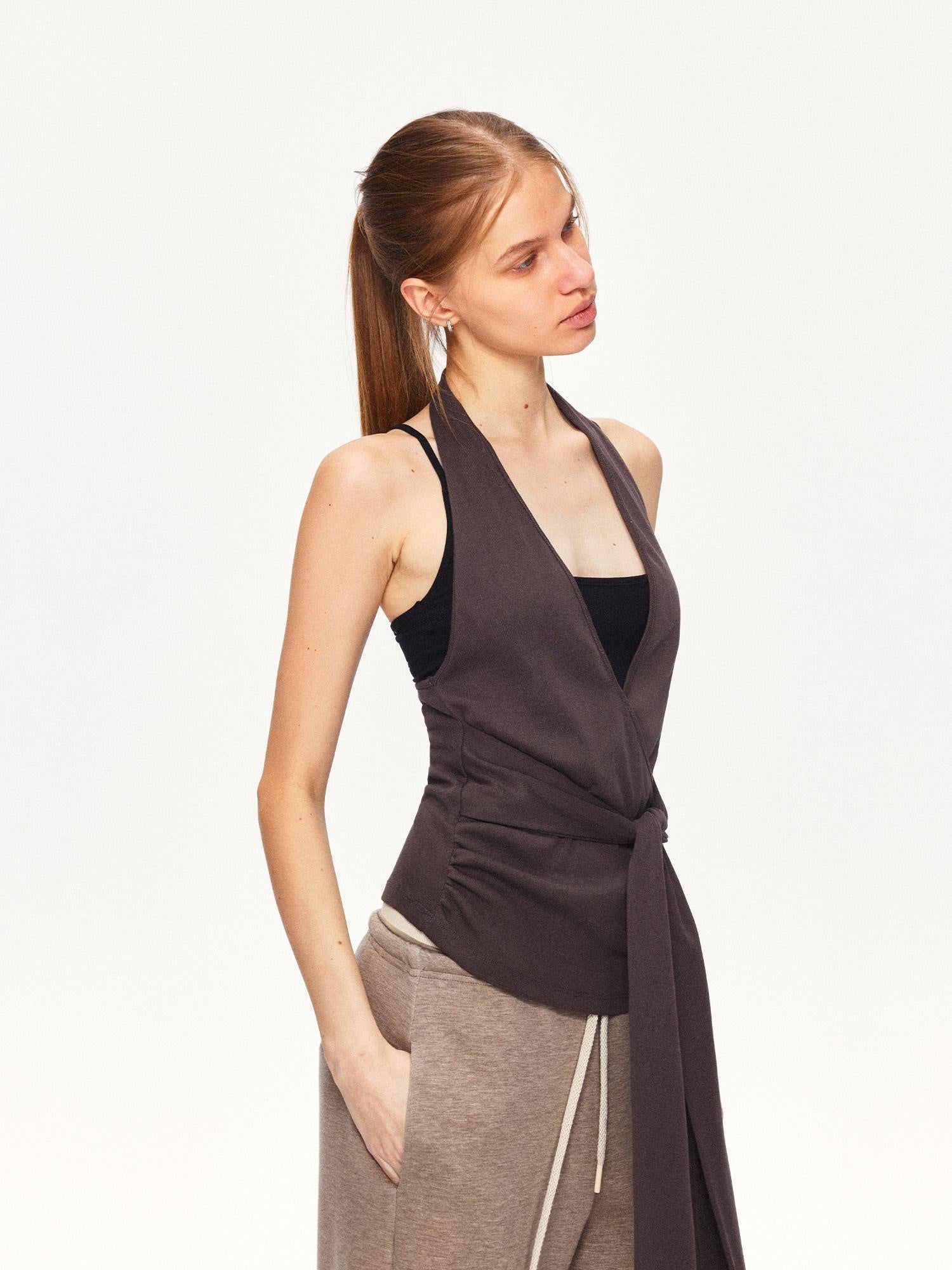 kvkv Soft Cotton Blend Slim Halter V Neck Cropped Casual Women Brown Tank Tops