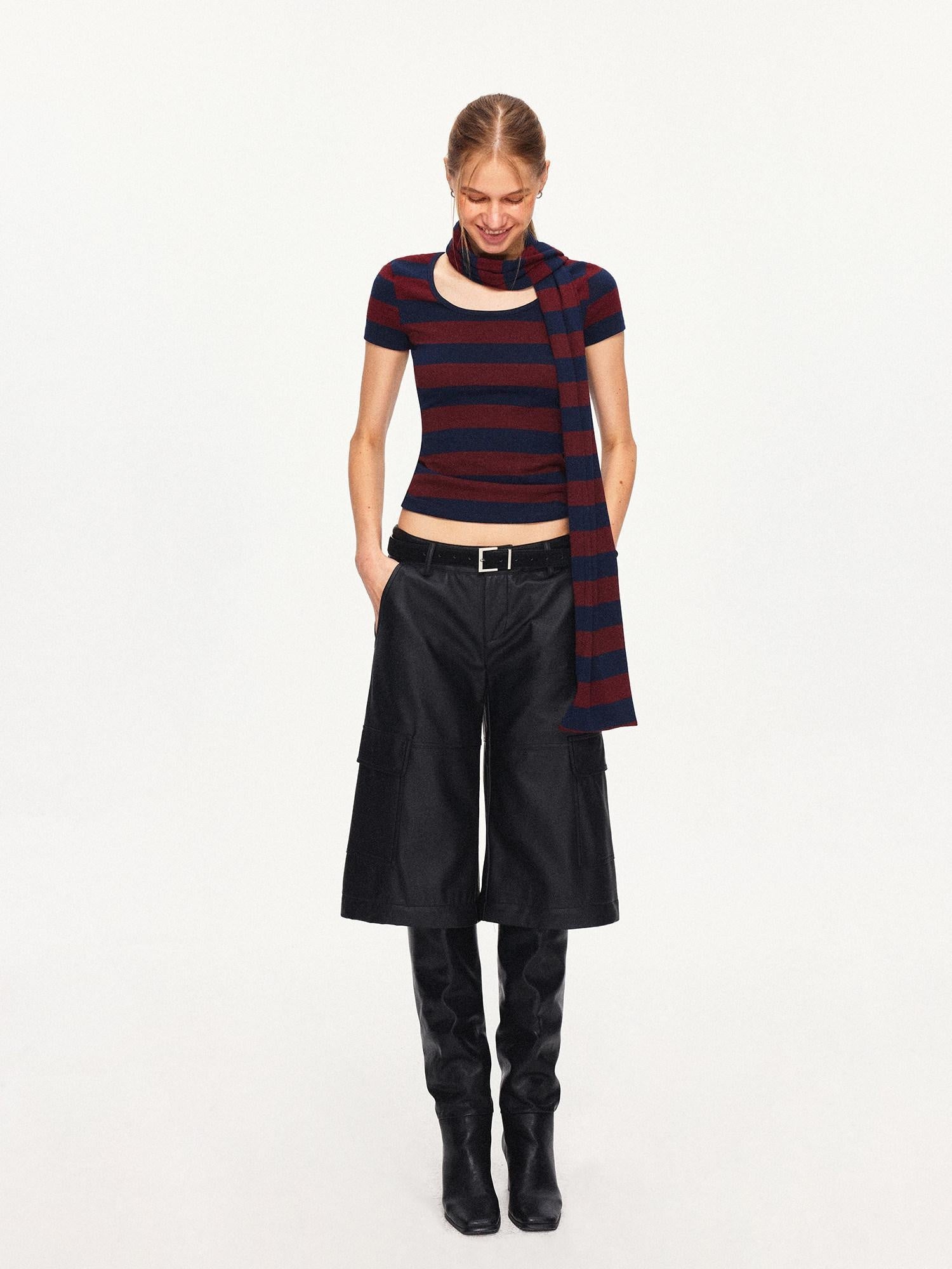 Soft Cotton Blend Striped Cropped Vintage Slim Fit Crew Neck Sweater