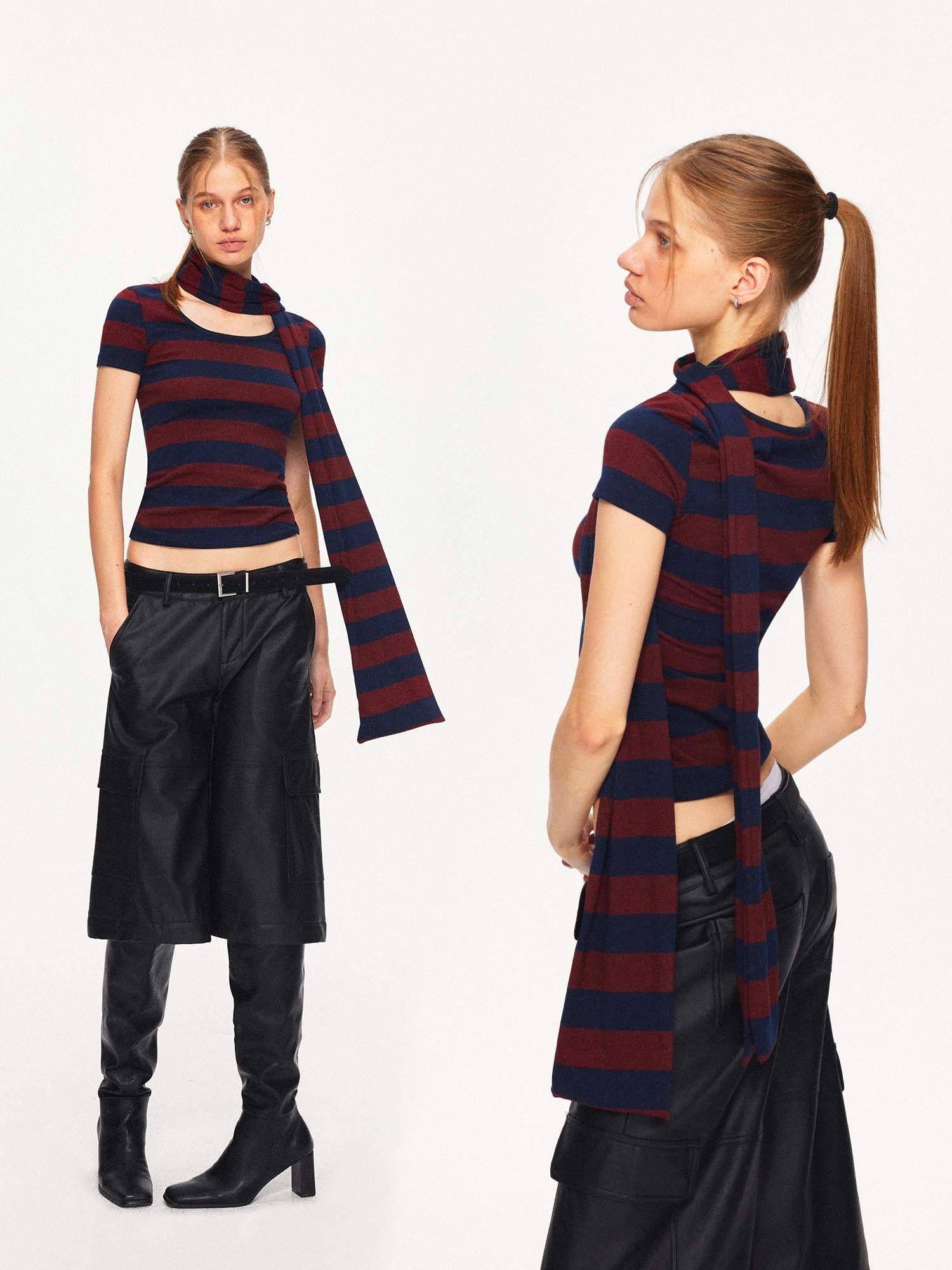 Soft Cotton Blend Striped Cropped Vintage Slim Fit Crew Neck Sweater