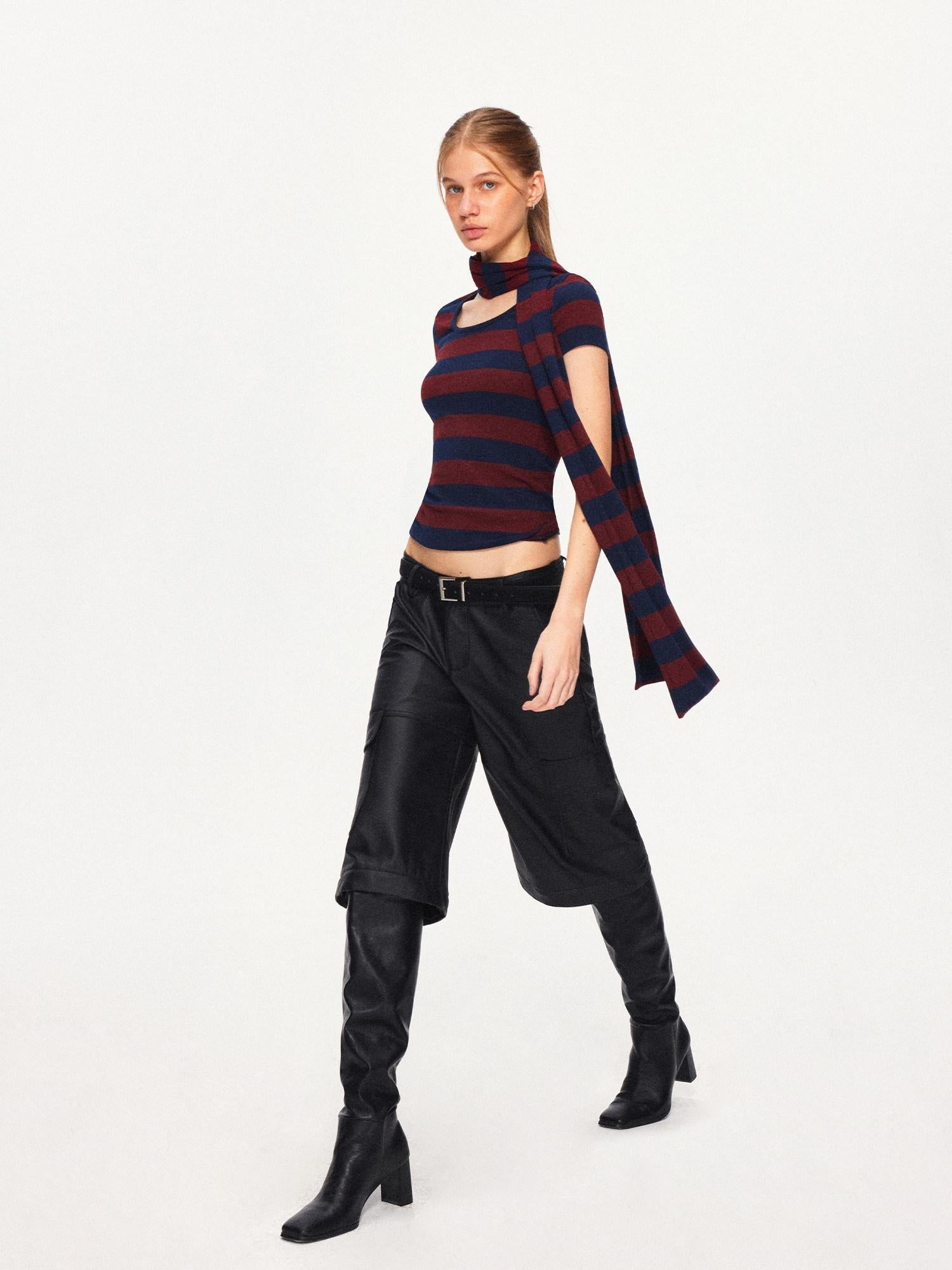 Soft Cotton Blend Striped Cropped Vintage Slim Fit Crew Neck Sweater