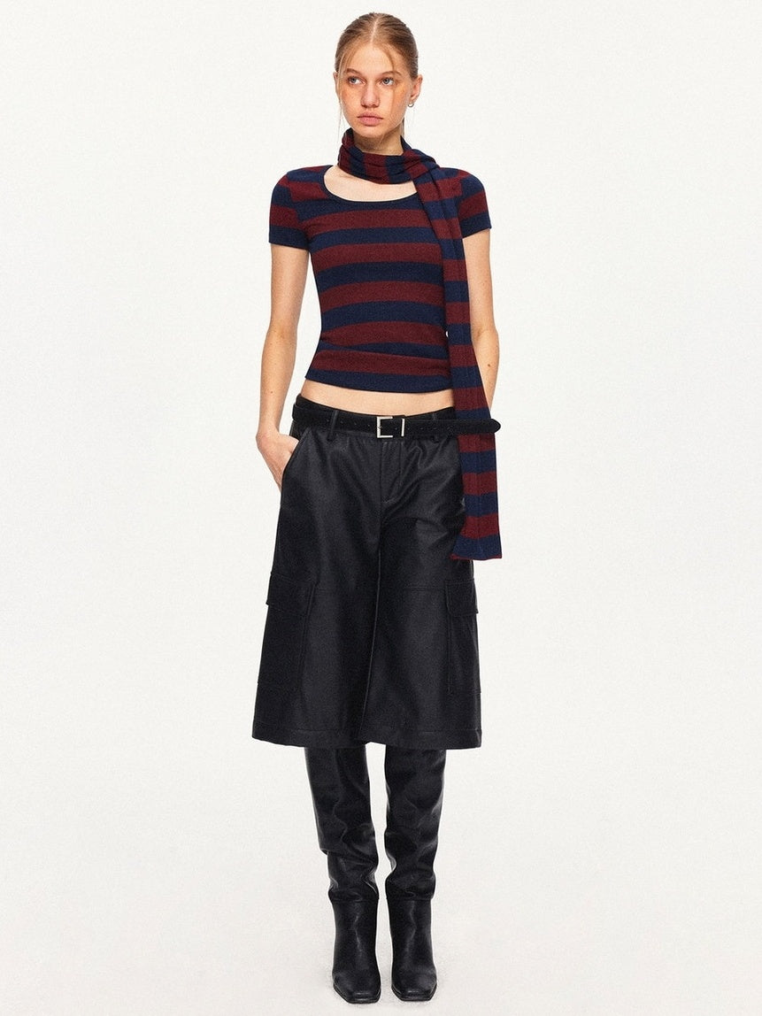 Soft Cotton Blend Striped Cropped Vintage Slim Fit Crew Neck Sweater