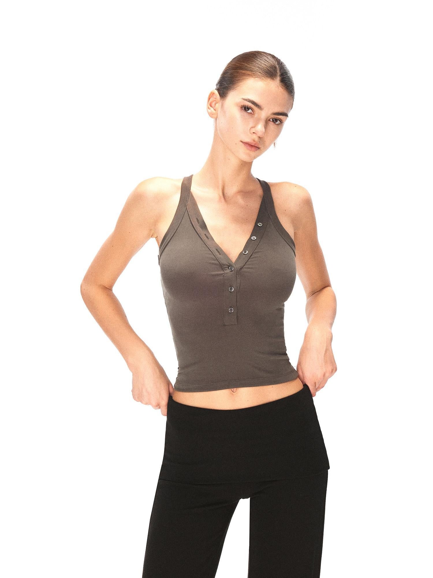 kvkv Soft Lyocell Slim Fit Cropped Button Front Women Brown Tank Tops