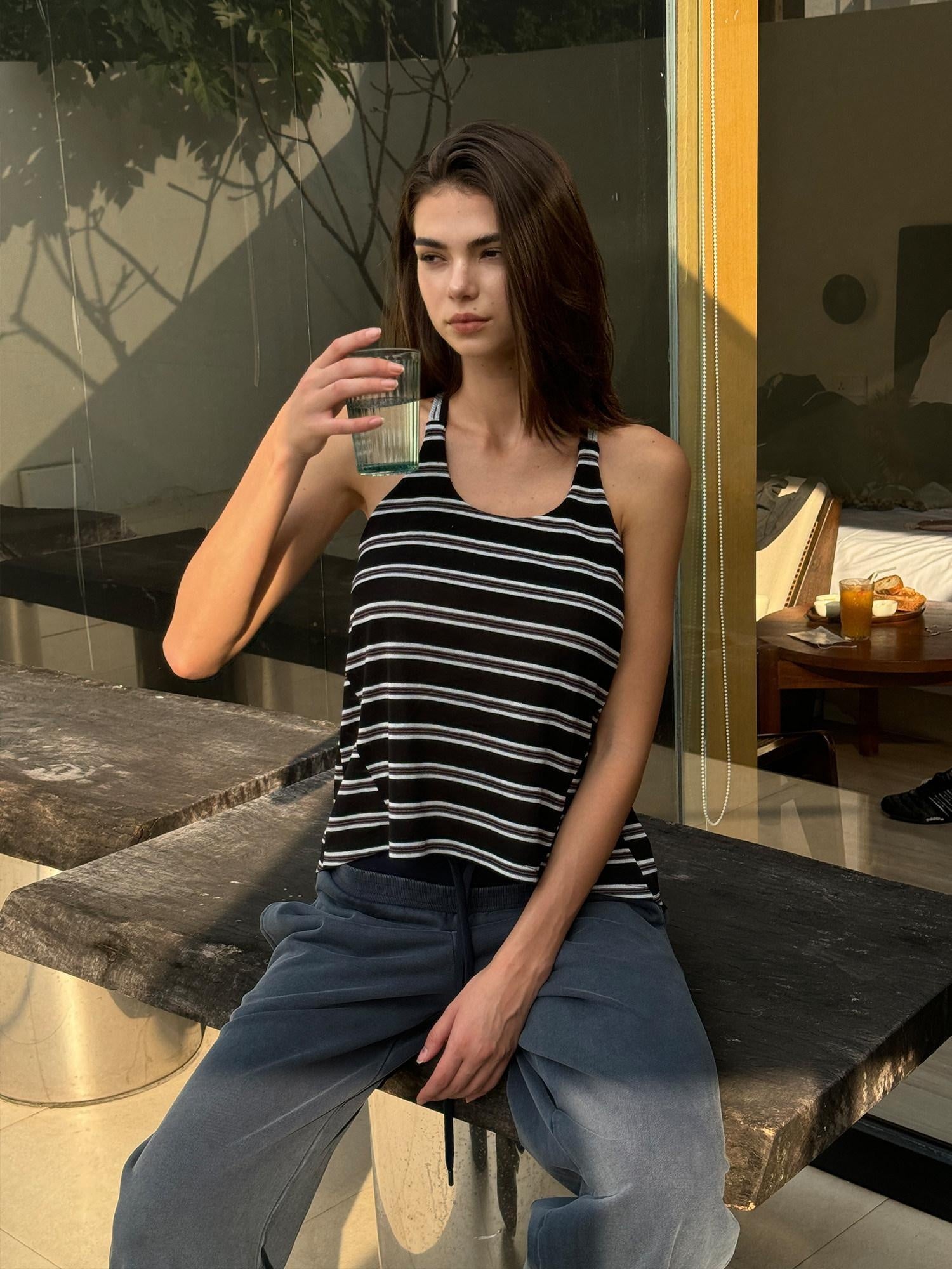kvkv Soft Lyocell Vintage U Neck Cropped Striped Casual Women Tank Tops