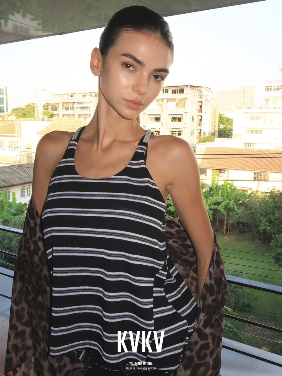 kvkv Soft Lyocell Vintage U Neck Cropped Striped Casual Women Tank Tops