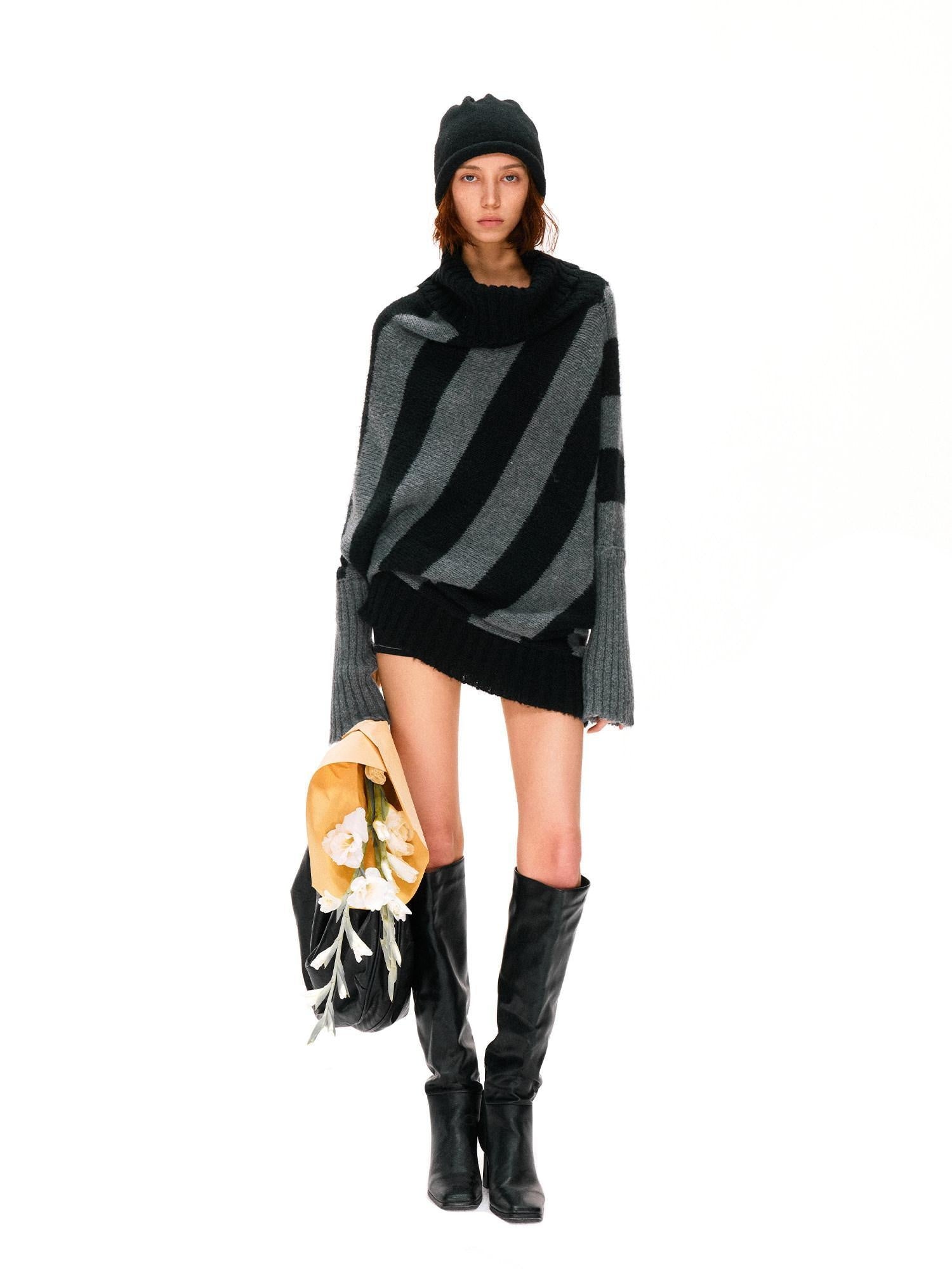 kvkv Soft Mohair Blend Vintage One Shoulder Batwing Long Sleeve Striped Women Sweater