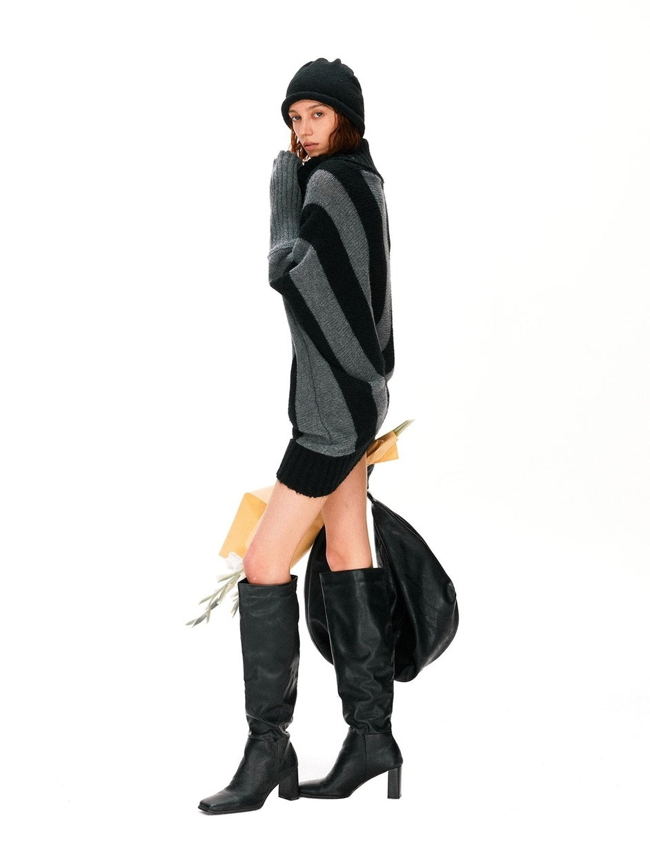 kvkv Soft Mohair Blend Vintage One Shoulder Batwing Long Sleeve Striped Women Sweater