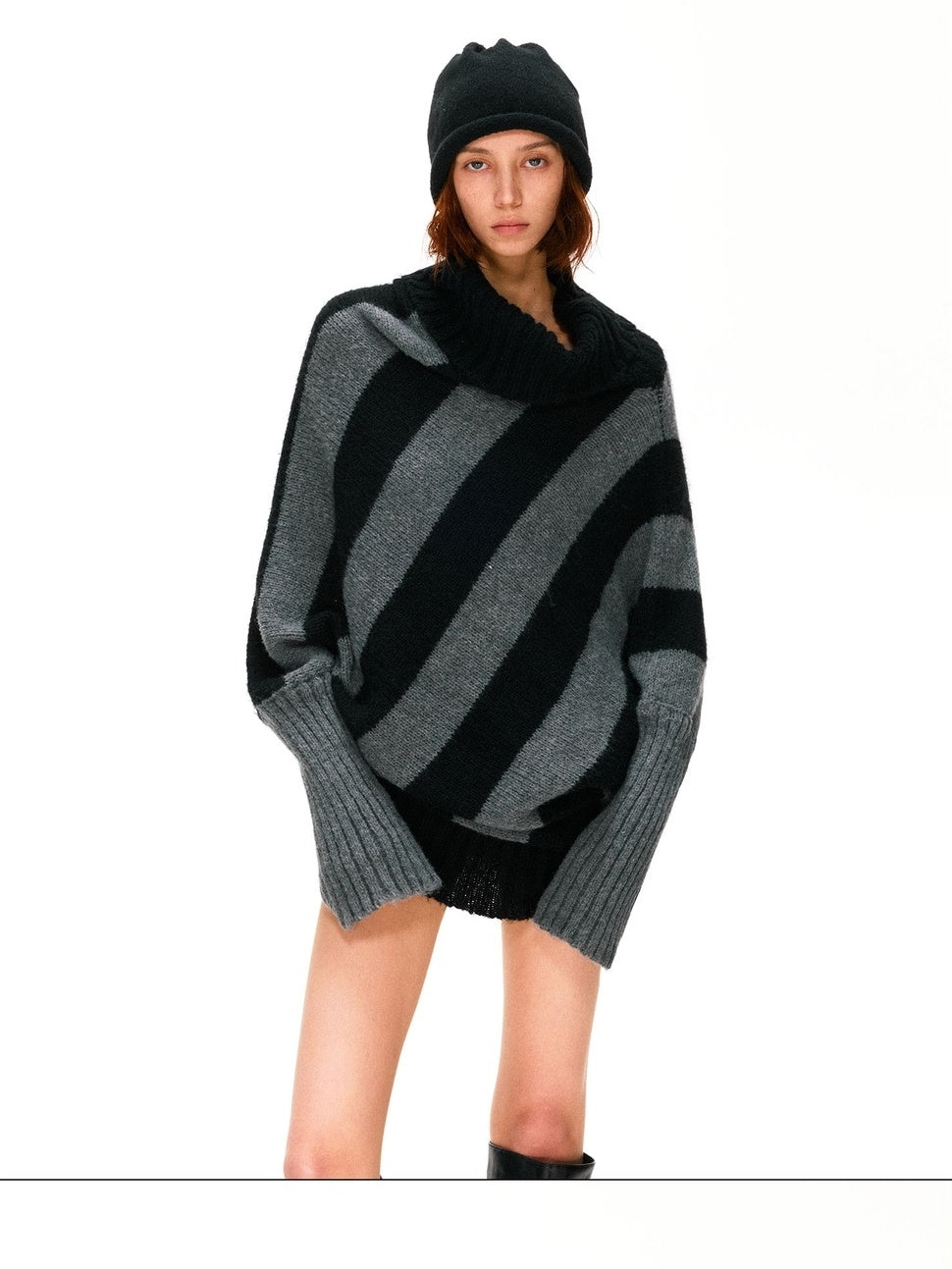 kvkv Soft Mohair Blend Vintage One Shoulder Batwing Long Sleeve Striped Women Sweater