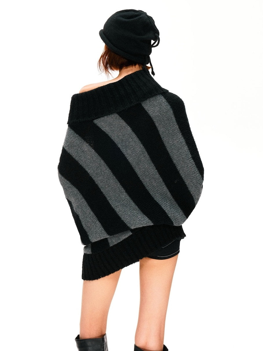 kvkv Soft Mohair Blend Vintage One Shoulder Batwing Long Sleeve Striped Women Sweater