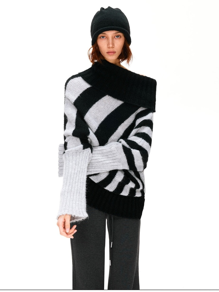kvkv Soft Mohair Blend Vintage One Shoulder Batwing Long Sleeve Women Striped Sweater
