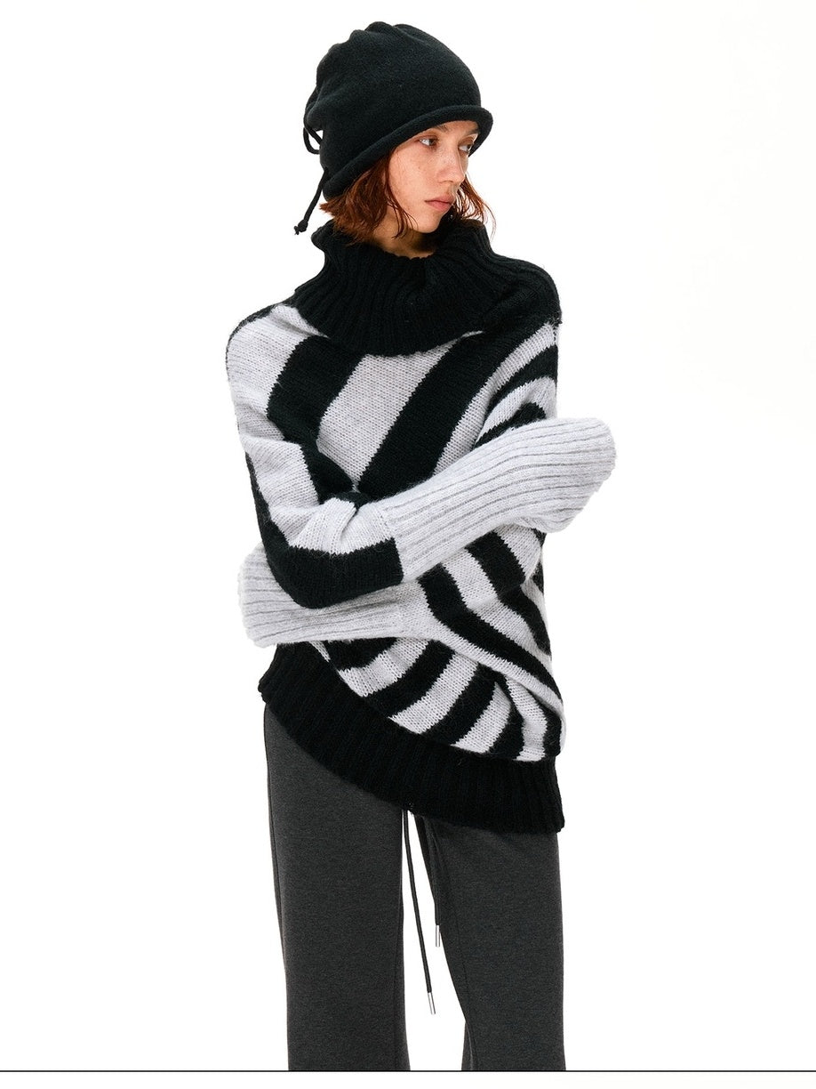 kvkv Soft Mohair Blend Vintage One Shoulder Batwing Long Sleeve Women Striped Sweater