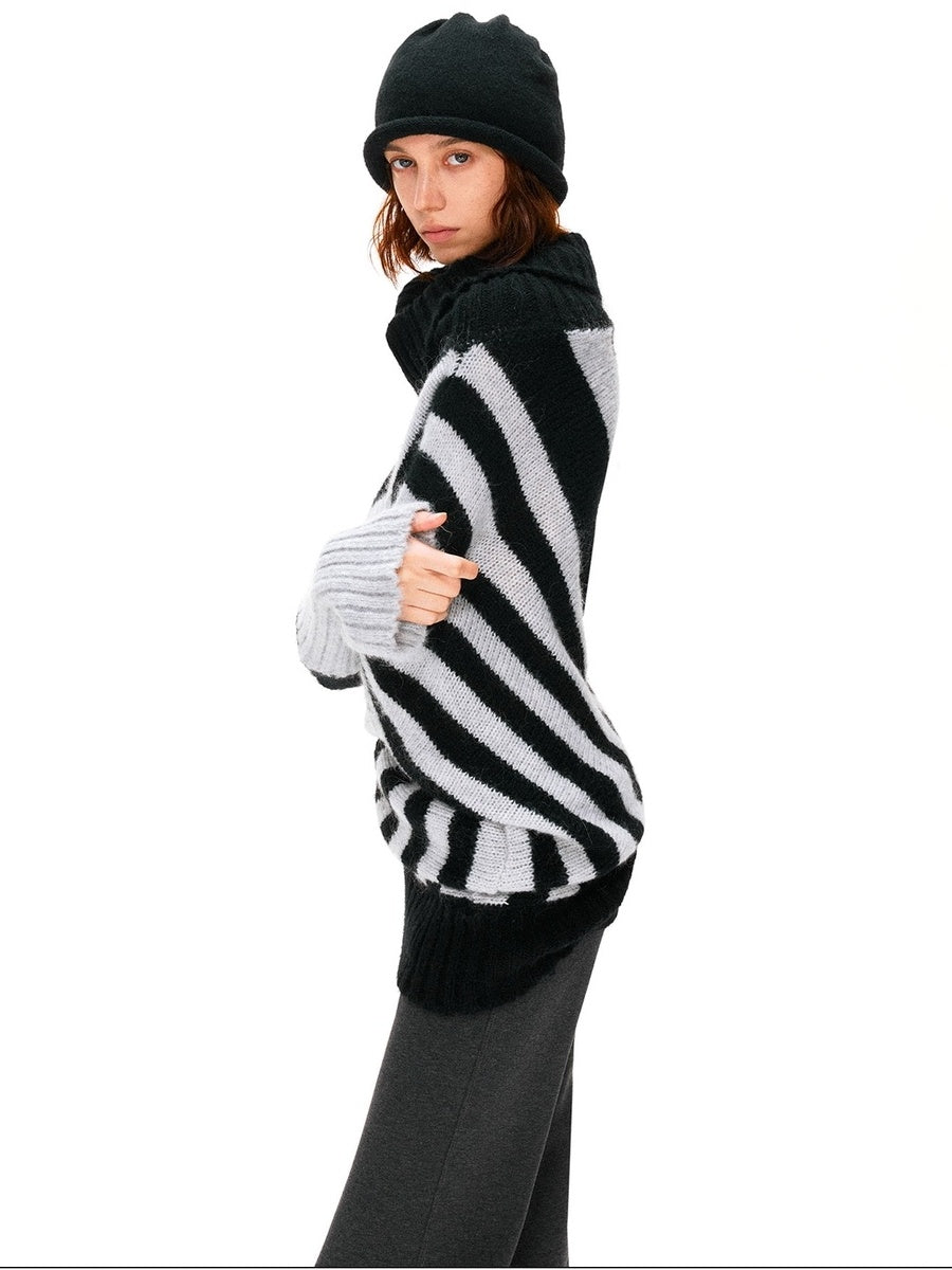 kvkv Soft Mohair Blend Vintage One Shoulder Batwing Long Sleeve Women Striped Sweater