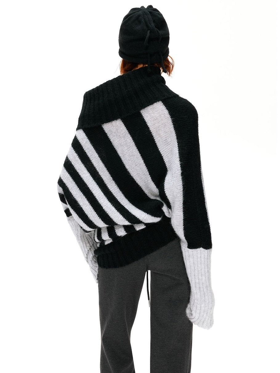 kvkv Soft Mohair Blend Vintage One Shoulder Batwing Long Sleeve Women Striped Sweater