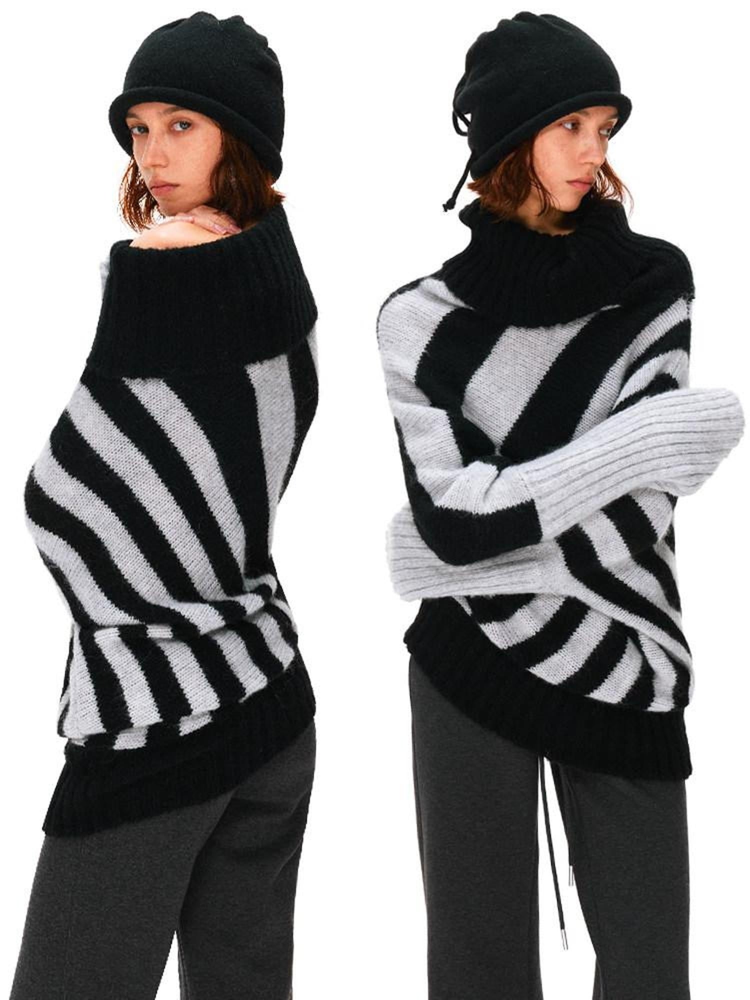 kvkv Soft Mohair Blend Vintage One Shoulder Batwing Long Sleeve Women Striped Sweater