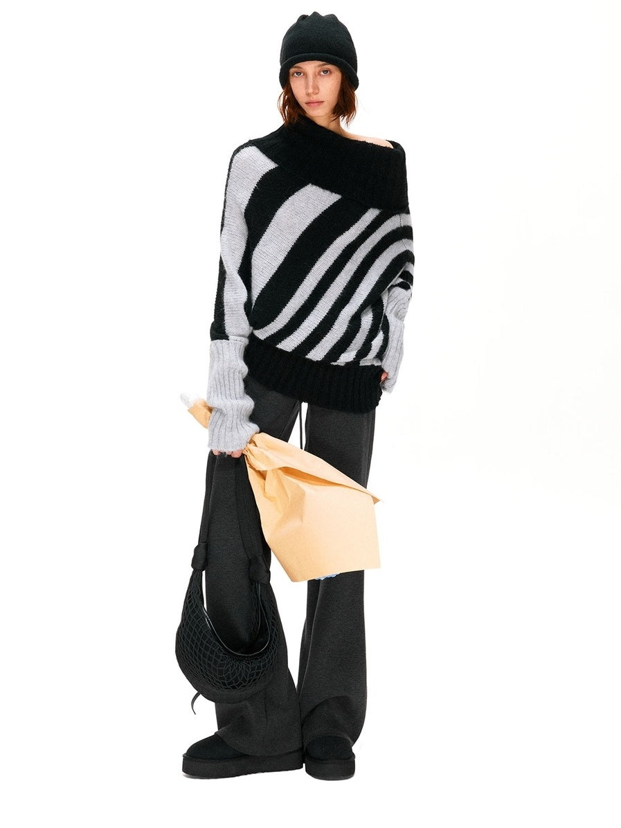 kvkv Soft Mohair Blend Vintage One Shoulder Batwing Long Sleeve Women Striped Sweater