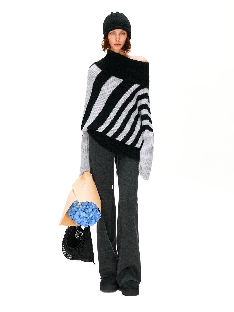 kvkv Soft Mohair Blend Vintage One Shoulder Batwing Long Sleeve Women Striped Sweater