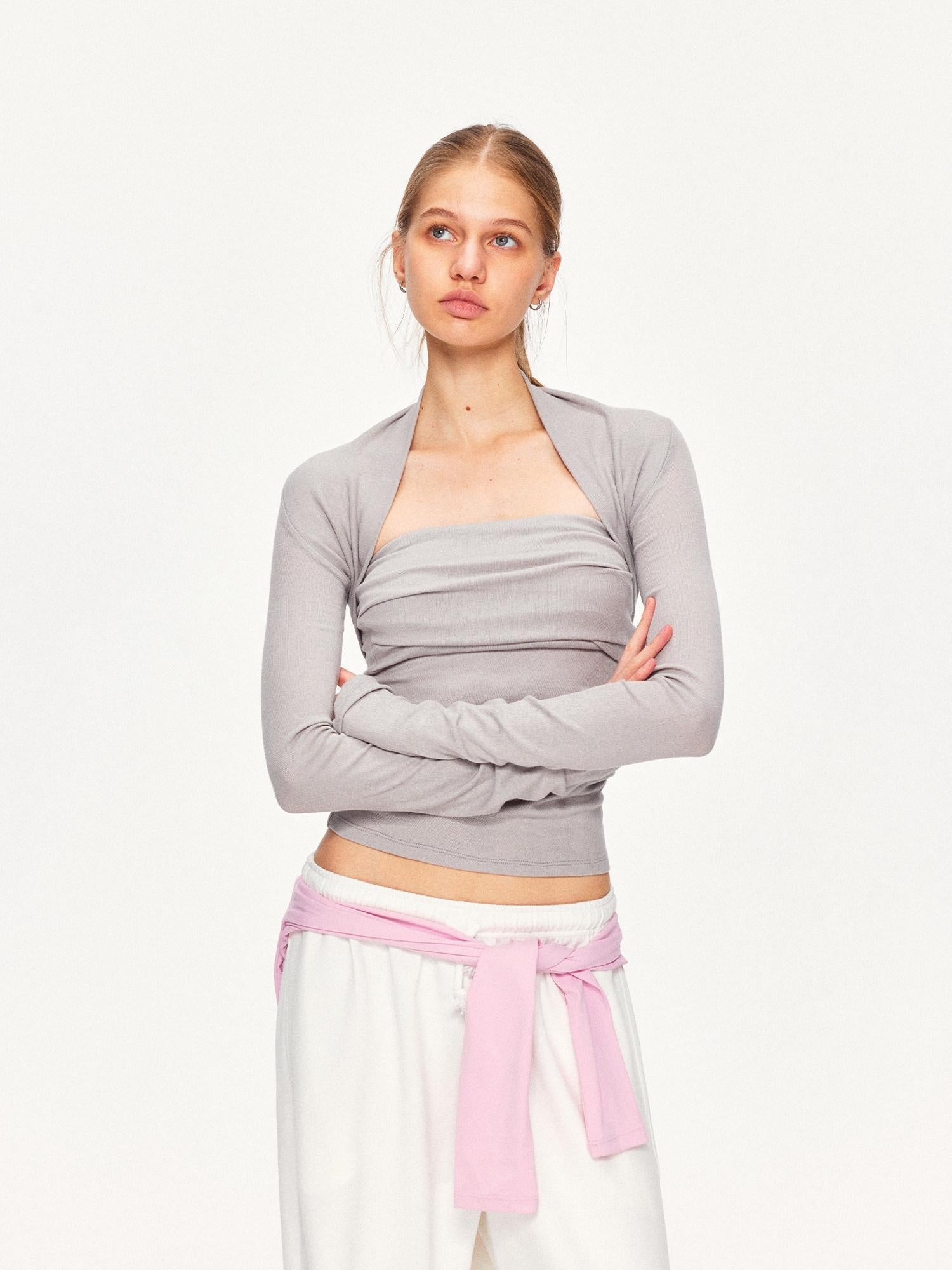 kvkv Soft Pleated Square Neck Slim Fit Long Sleeve Yoga Active Cotton T-Shirt