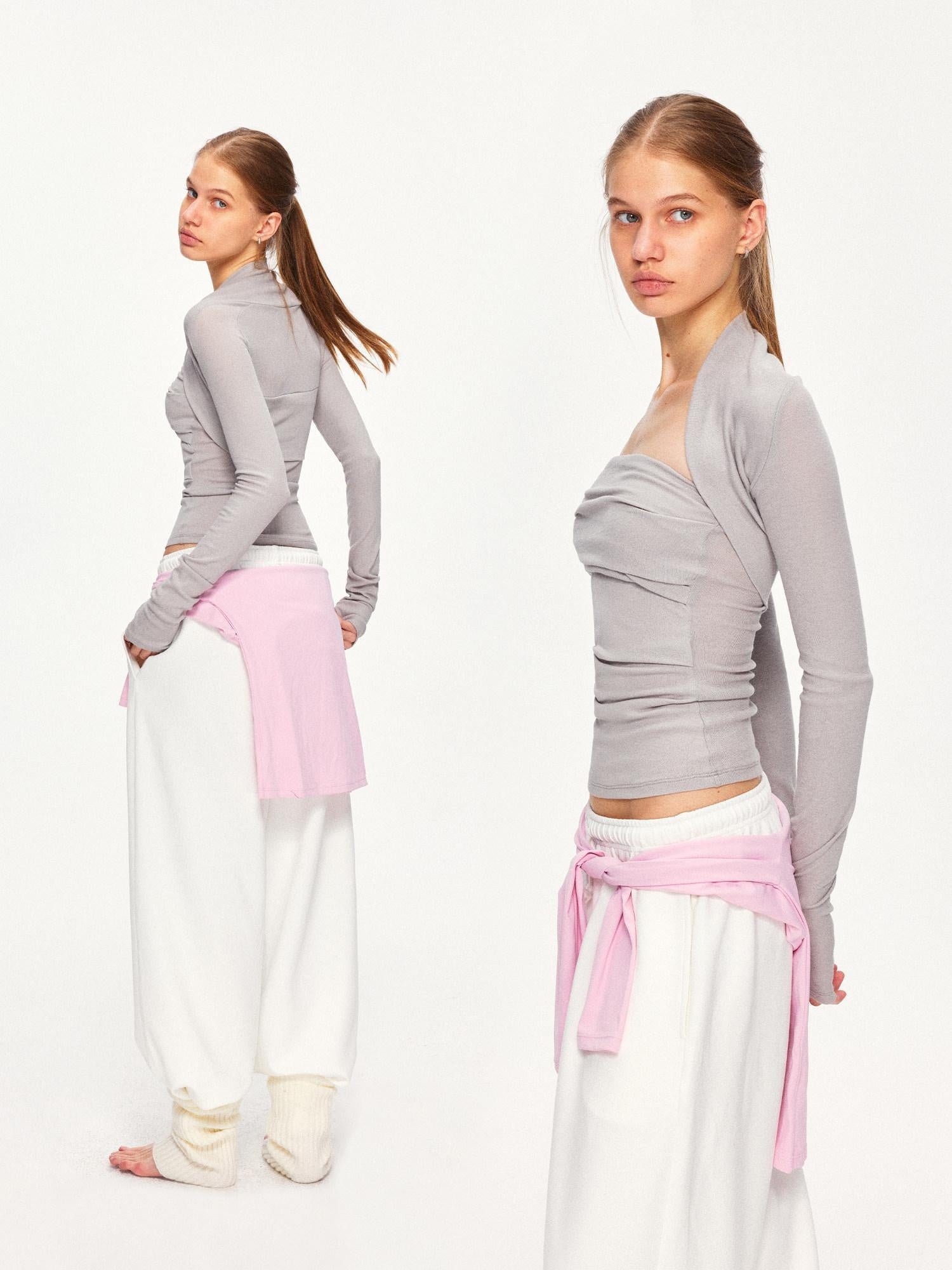 kvkv Soft Pleated Square Neck Slim Fit Long Sleeve Yoga Active Cotton T-Shirt