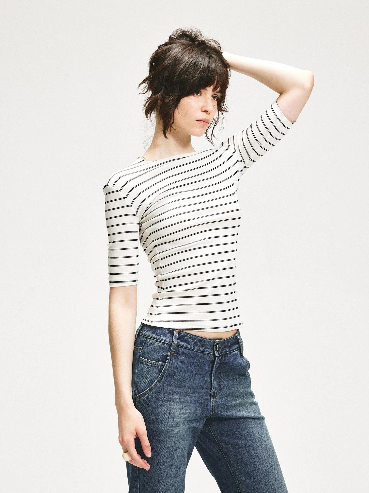 KVKV Yoga Clothing Brand - Stripe Stretch Fitted Mid Sleeve Tee