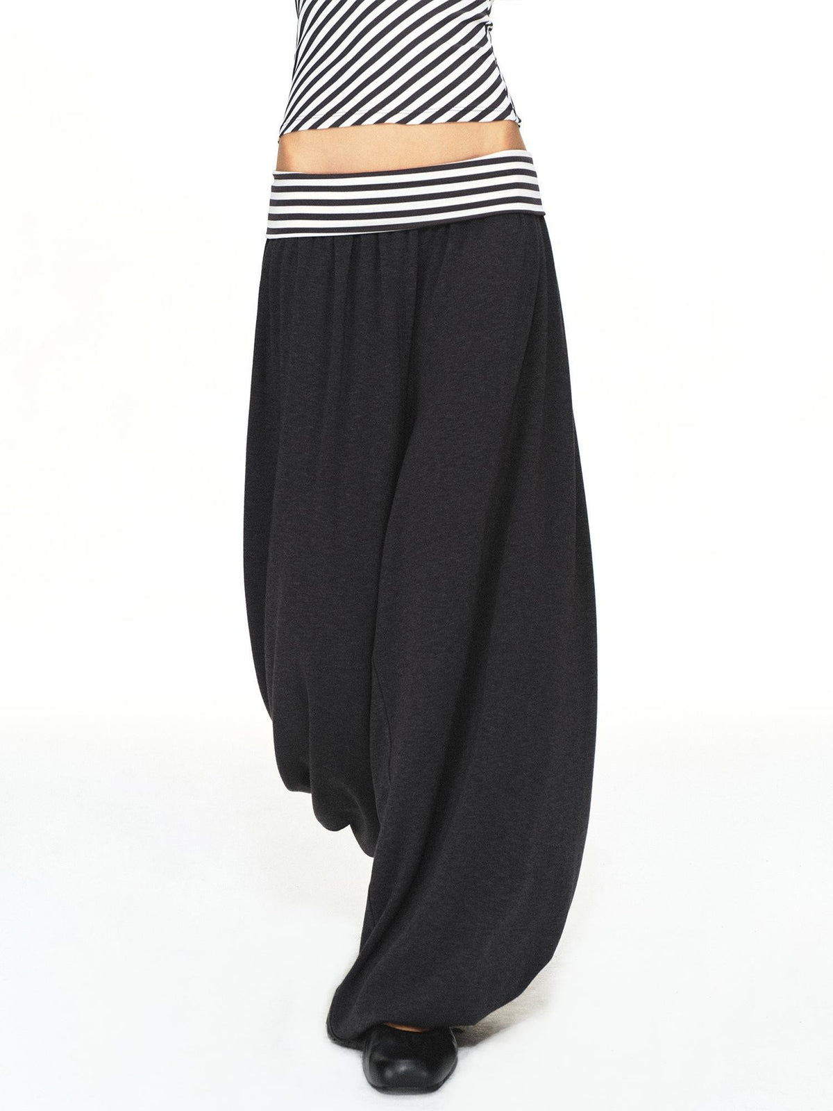 kvkv Striped Waistband Dark Grey Loose Tapered Skin Feel Women&
