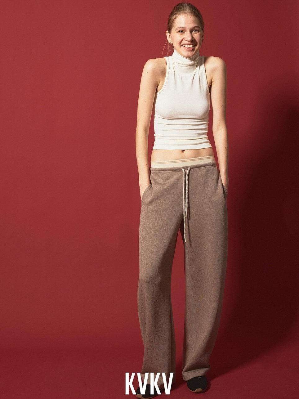 kvkv Sustainable Recycled Fiber Patchwork Straight Leg Drawstring Women Casual Pants