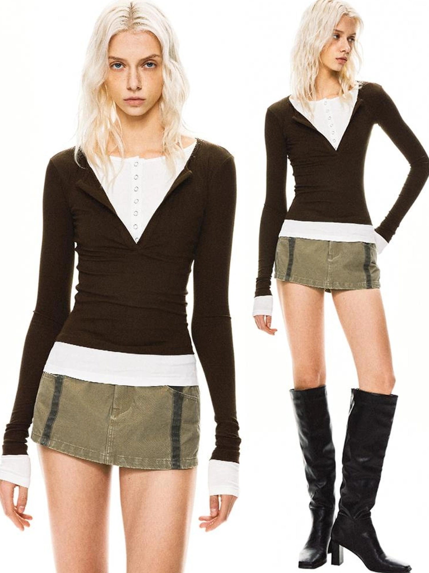 kvkv Two Tone Henley Layered Top