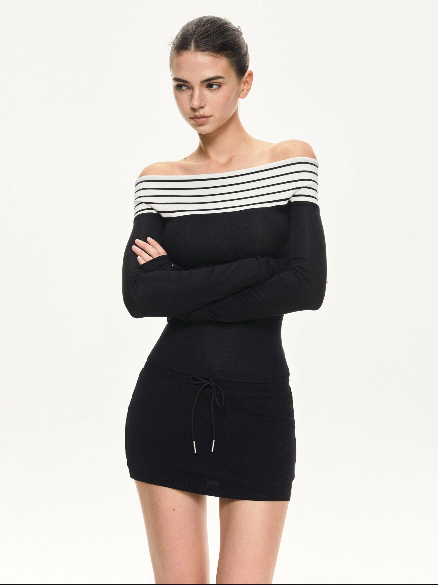 KVKV Yoga Clothing Brand - Two Tone Off Shoulder Slim Fit Long Sleeve Top