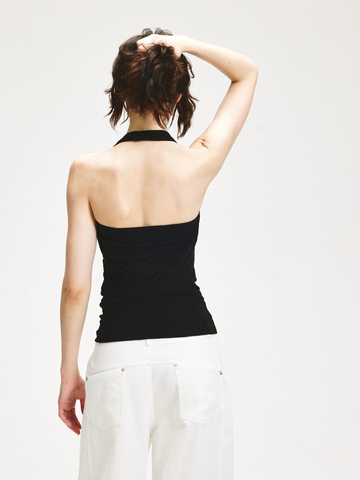 kvkv V-Neck Layered Ruffle Backless Halter Top