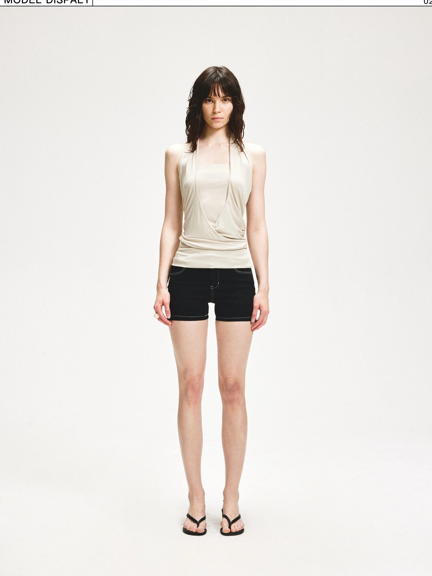 kvkv V-Neck Layered Ruffle Backless Halter Top