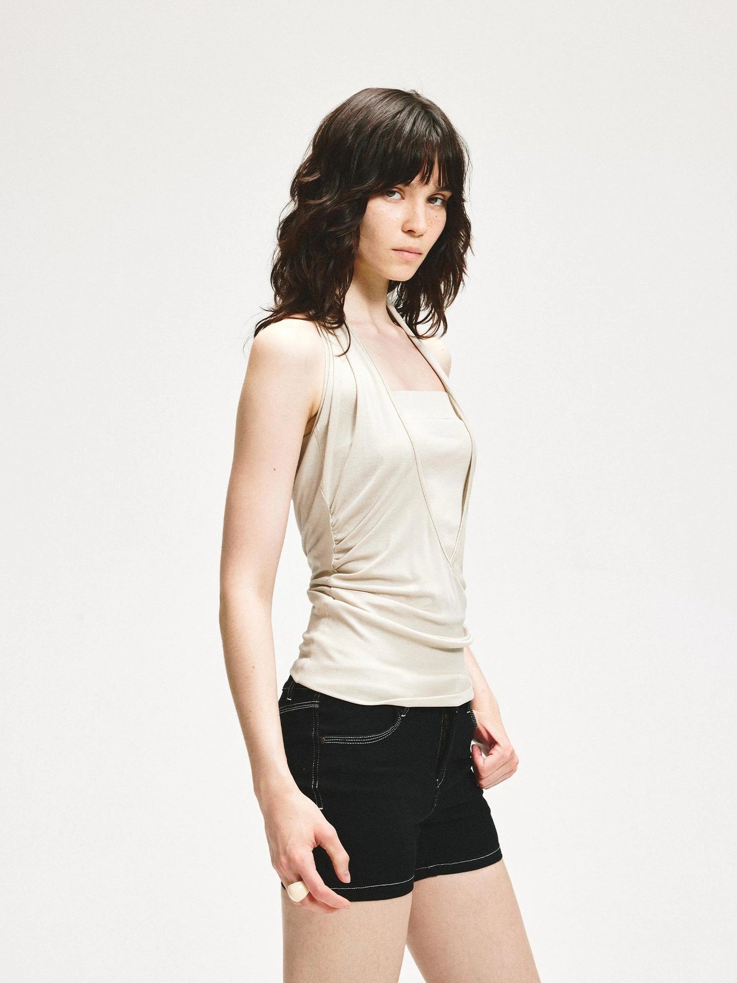 kvkv V-Neck Layered Ruffle Backless Halter Top