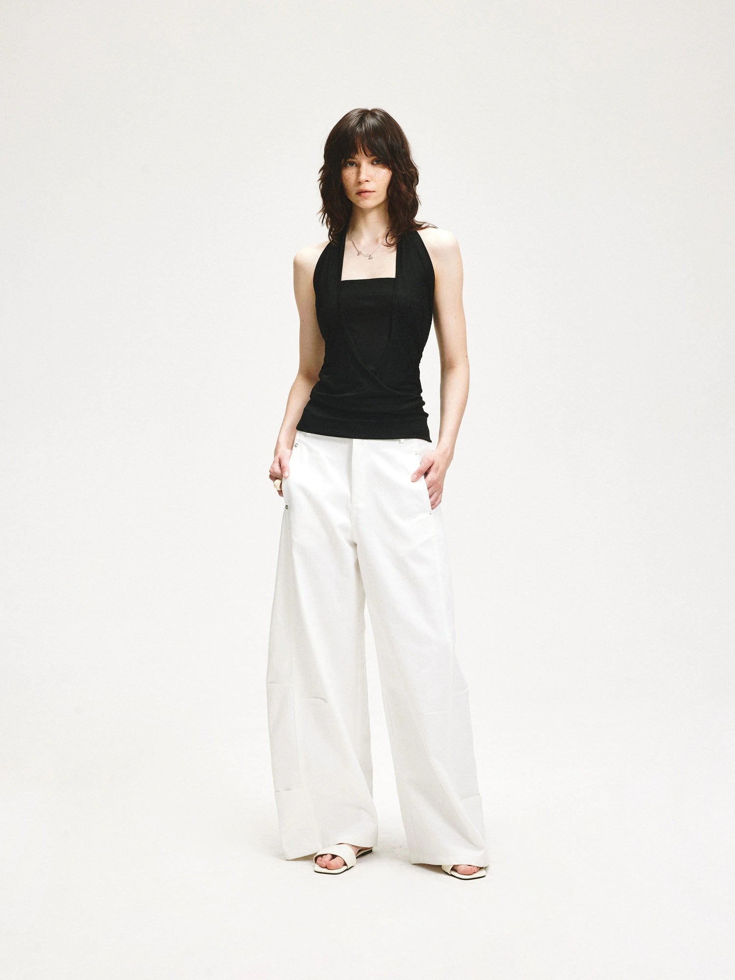 kvkv V-Neck Layered Ruffle Backless Halter Top