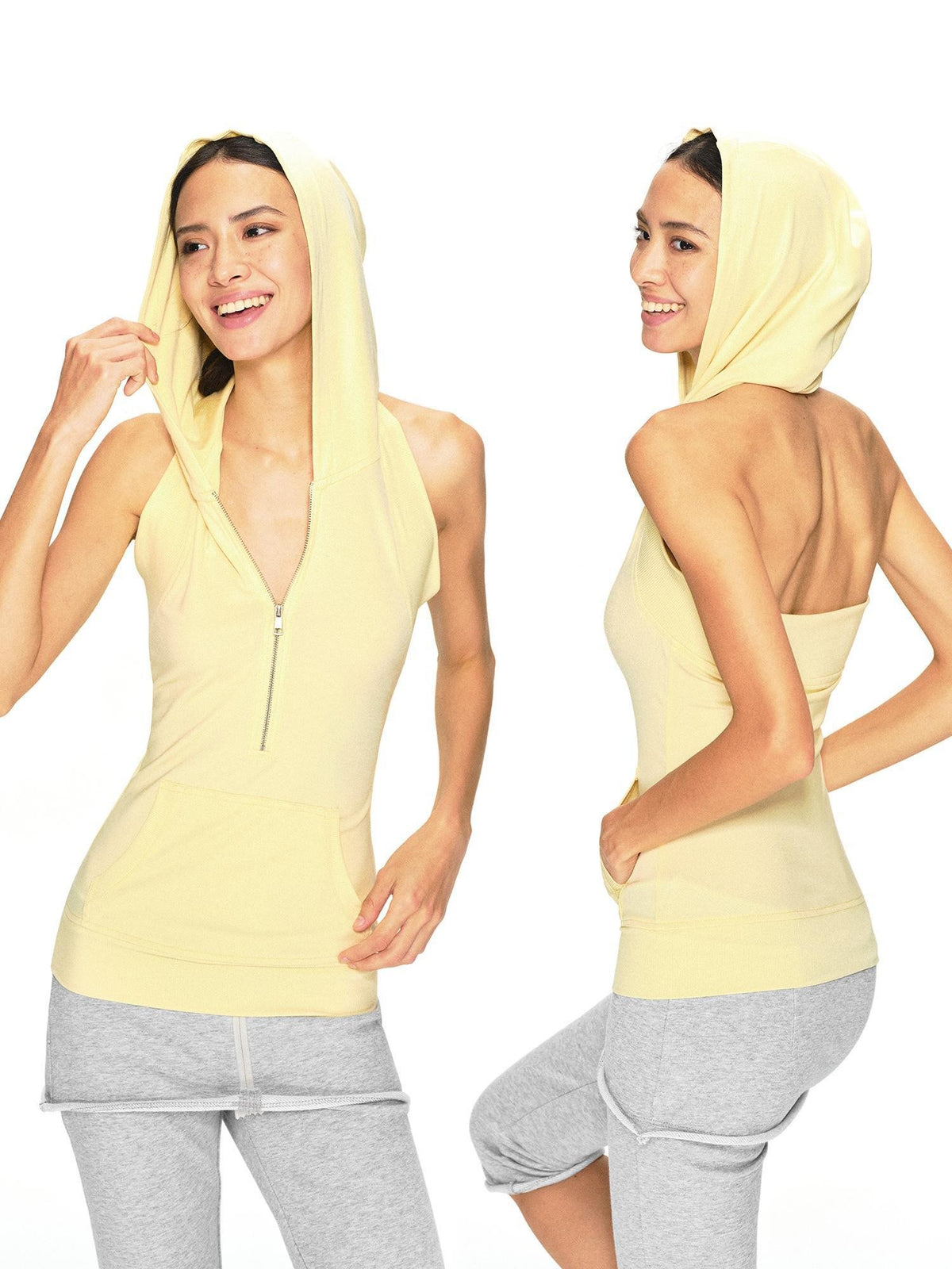 kvkv Vintage Pale Yellow Lyocell Open Back Zip Hooded Women&